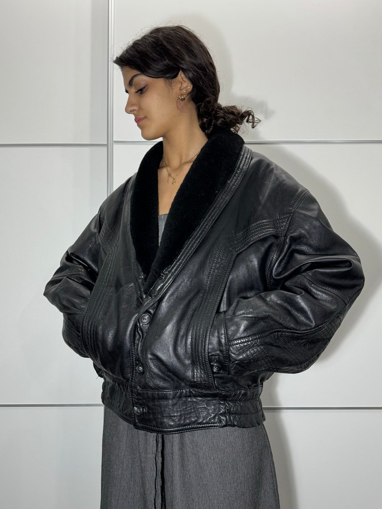 Bomber in vera pelle trapuntato con rever in montone, taglia 48it uomo