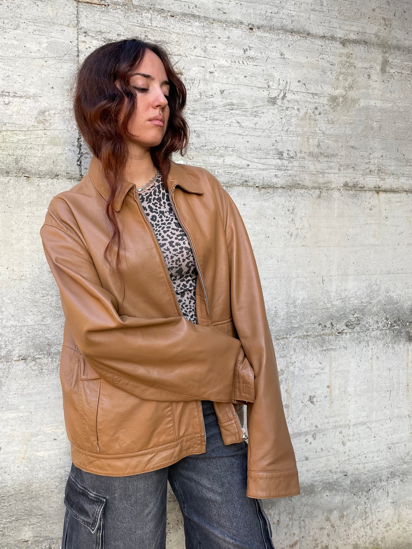 Biker liscio in nappa (vera pelle) biscotto - taglia M/L uomo