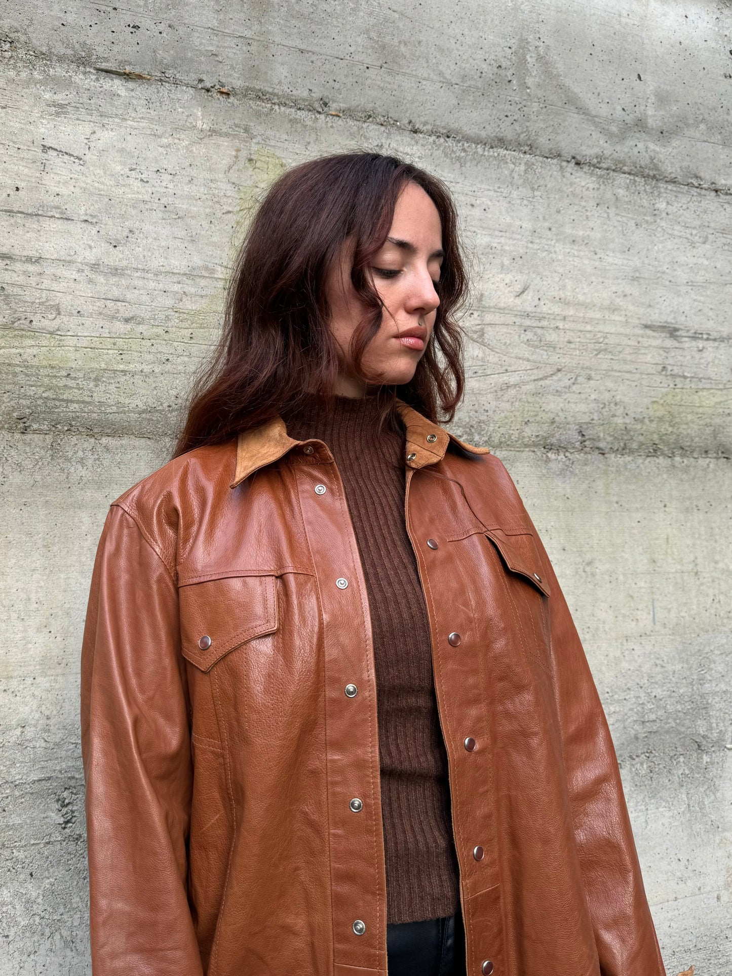 Overshirt double face in cuoio e renna color cognac