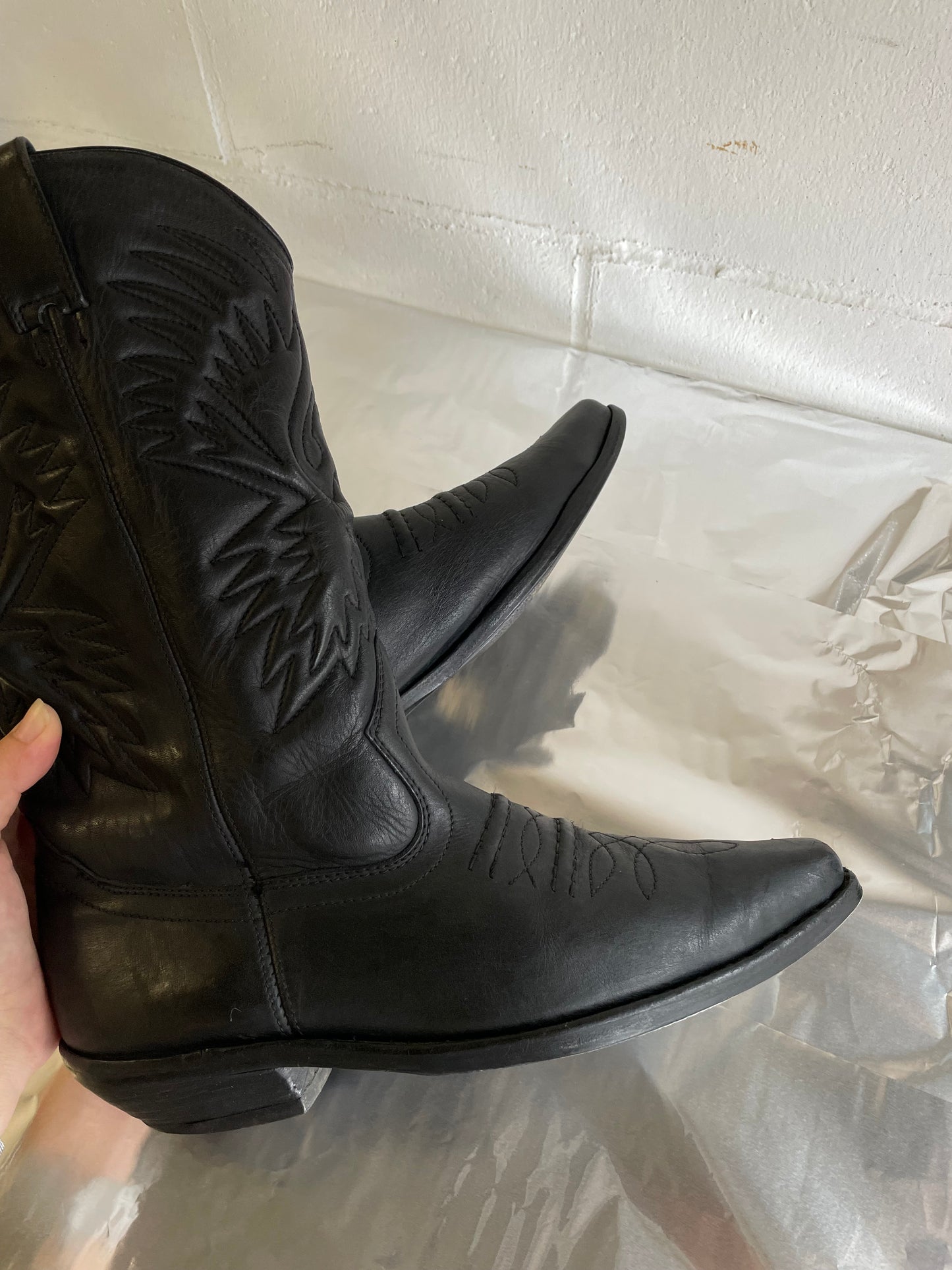 EU 38.5/39 - Texano vintage al polpaccio in vera pelle nero