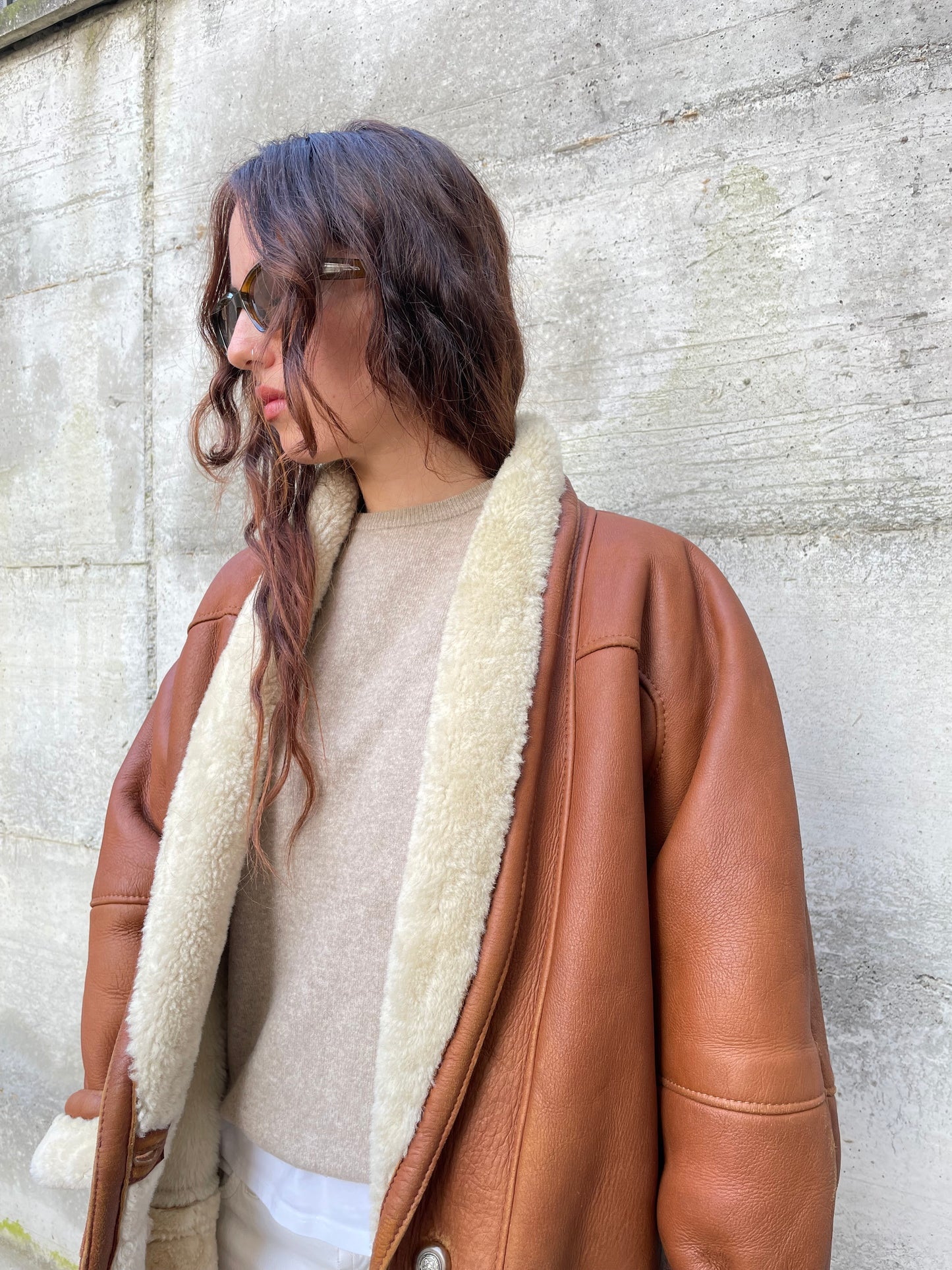 Montone Shearling originale a pelo bianco con esterno in pelle rame, taglia 48it donna