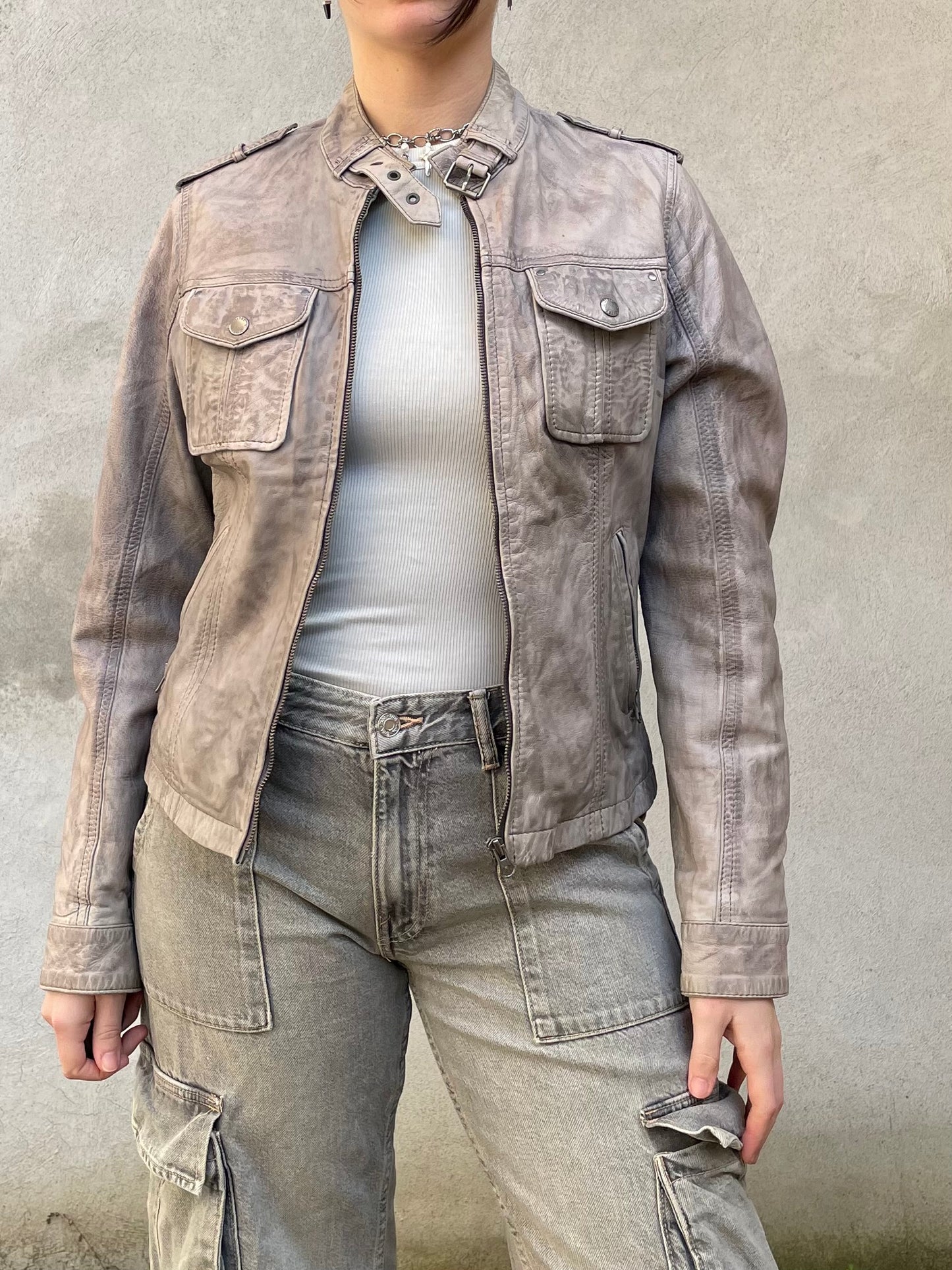 Biker cropped vera pelle ghiaccio