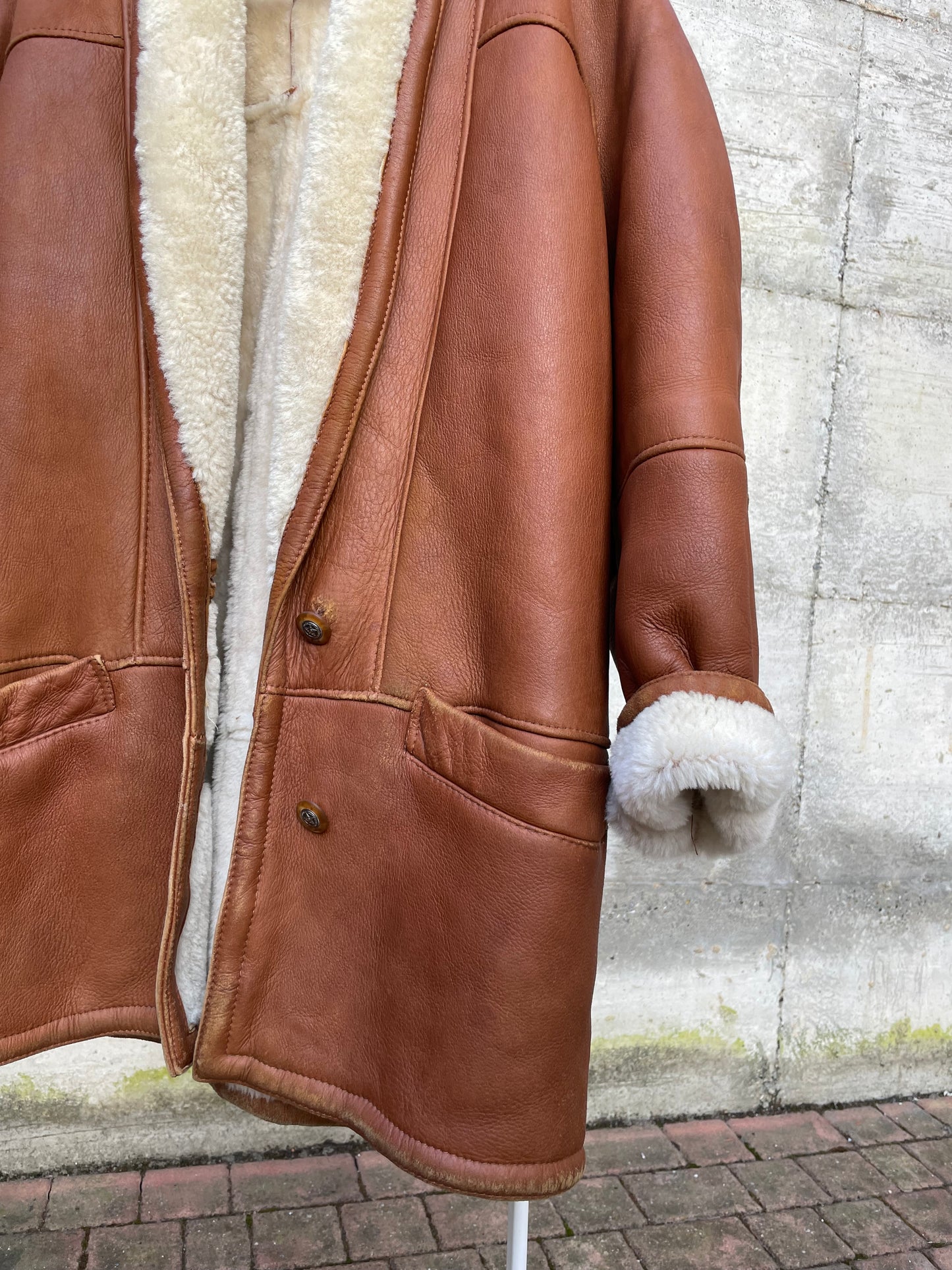 Montone Shearling originale a pelo bianco con esterno in pelle rame, taglia 48it donna