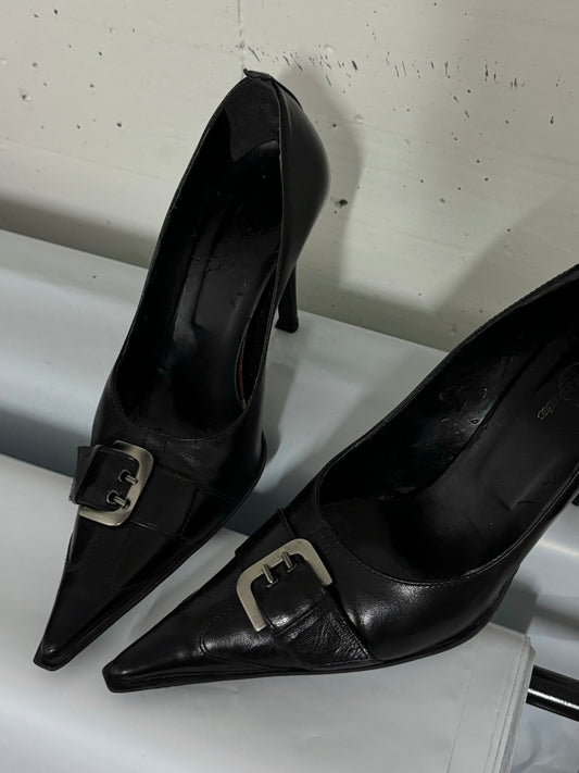 Decolletè vintage in vera pelle nere con fibbia, eu37