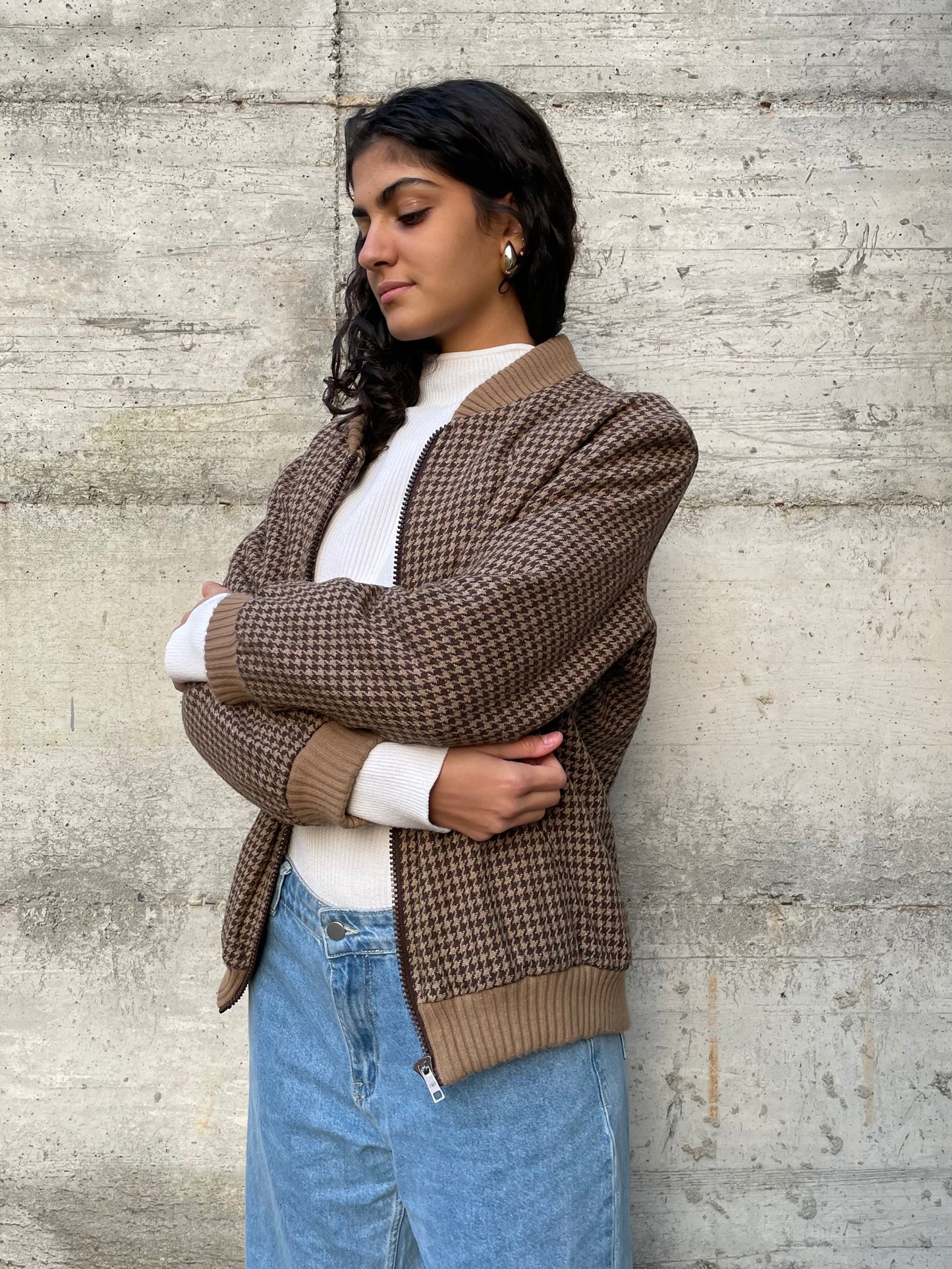 Bomber con elastici pied de poule trapuntato, in lana - taglia M uomo