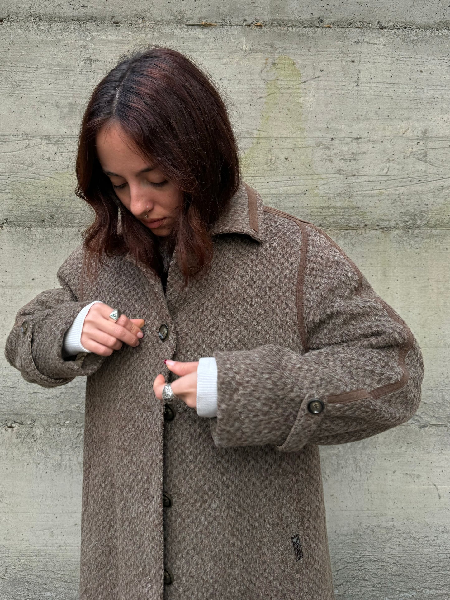 Cappottino Loden spigato color fango, misto lana e alpaca