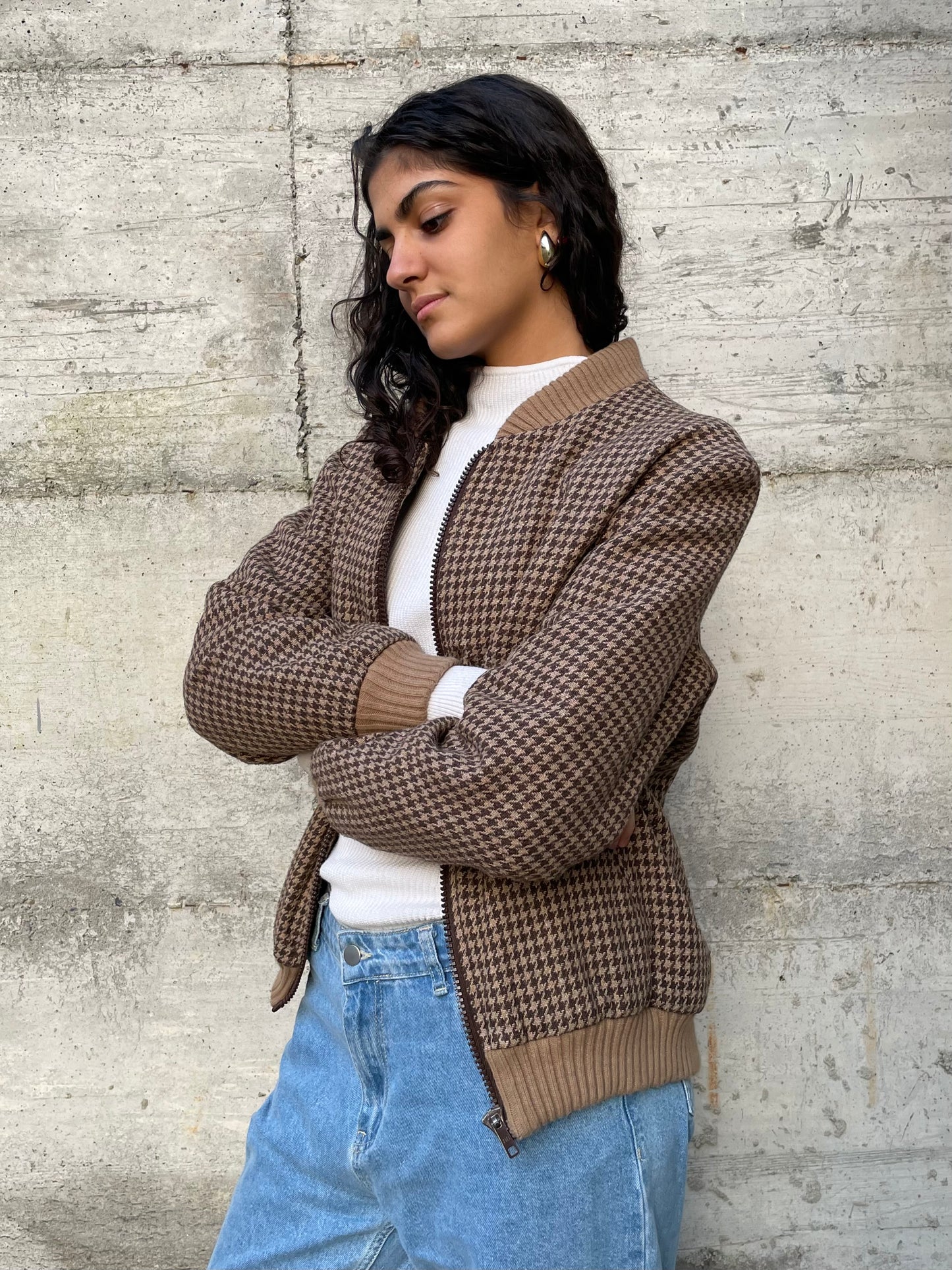 Bomber con elastici pied de poule trapuntato, in lana - taglia M uomo