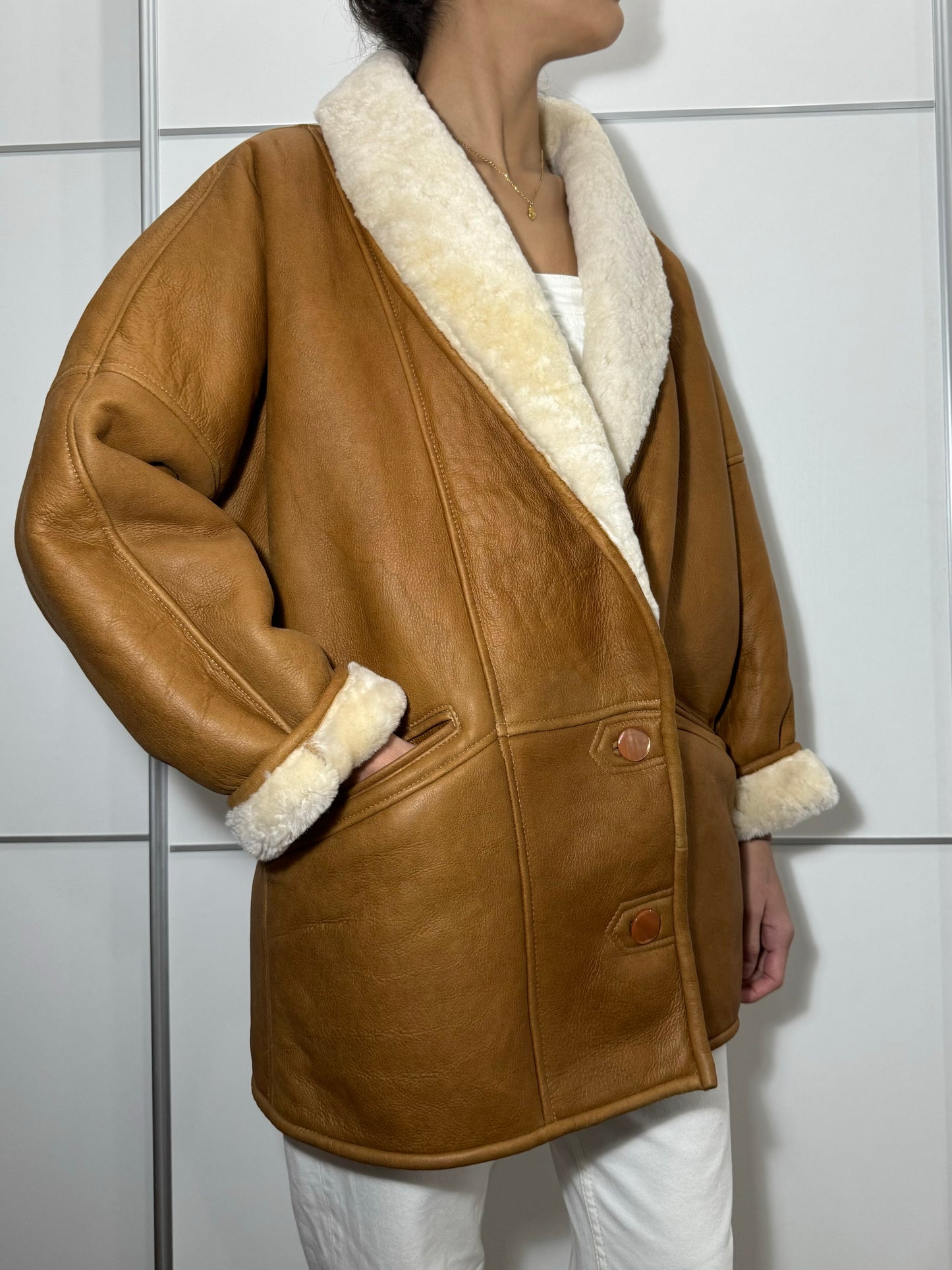 Montone originale Shearling in pelle caramello - taglia 46it donna