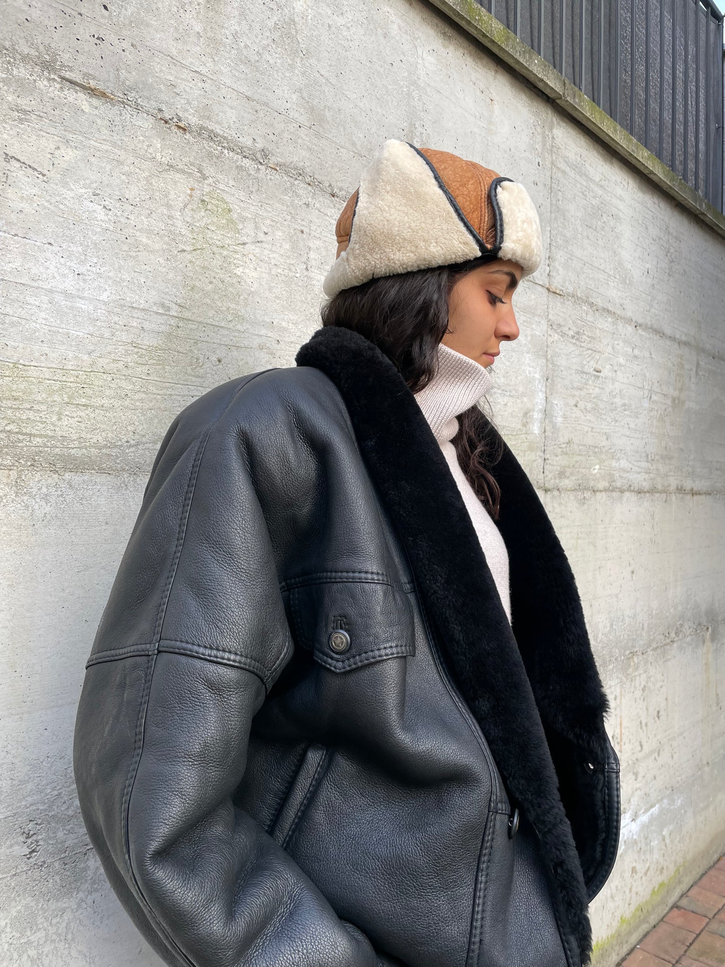 Montone originale Shearling modello bomber, esterno in pelle e interno a pelo raso