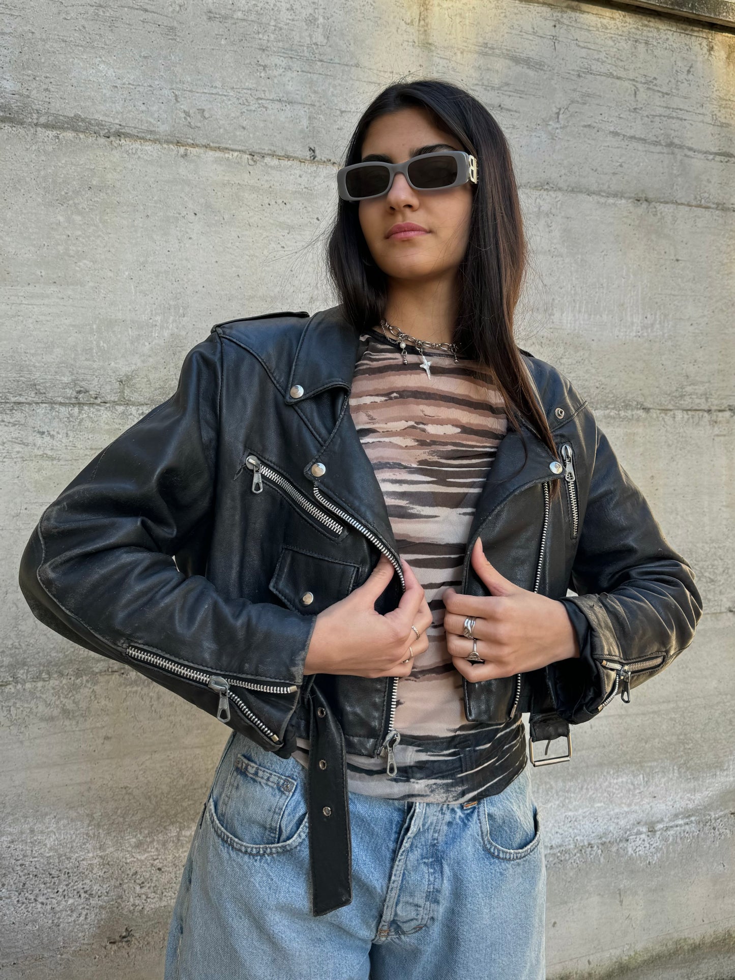 Chiodo crop in vera pelle nappata effetto used