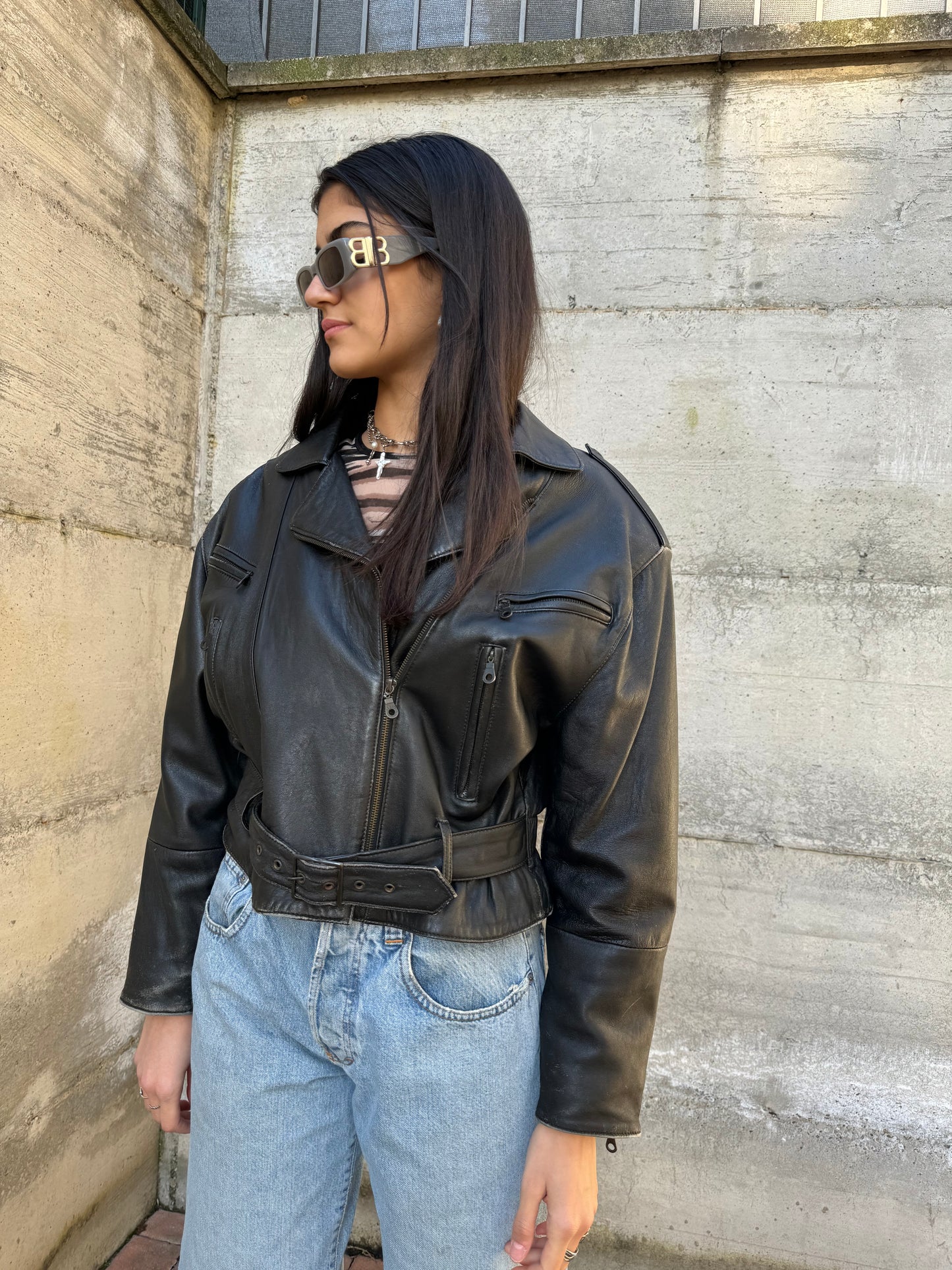 Bomber crop 80s in vera pelle nappata effetto used