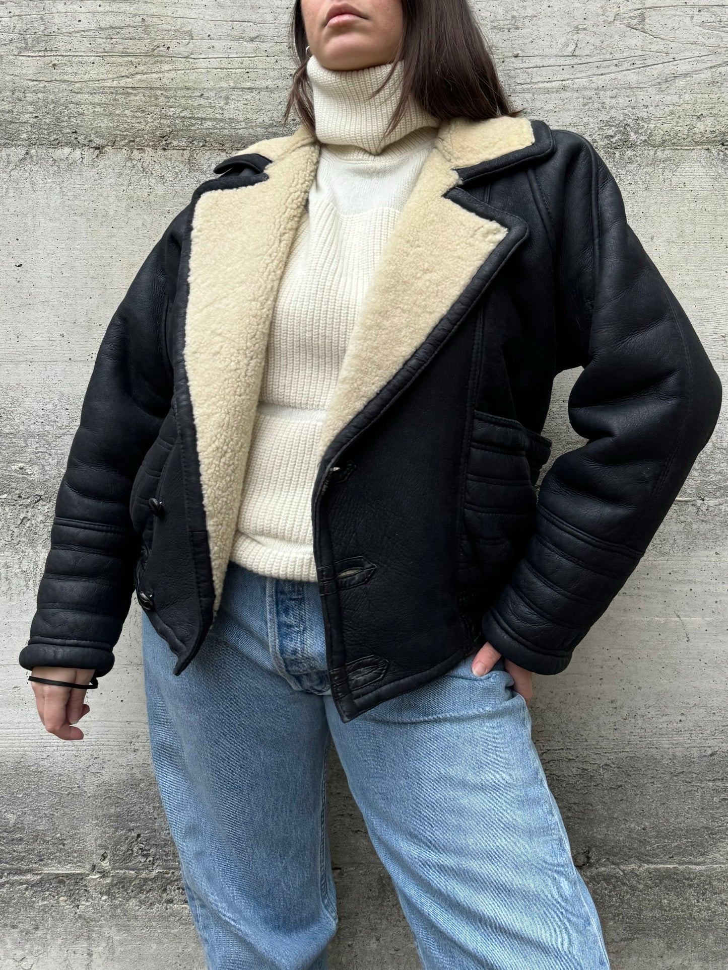 Bomber aviator Shearling nero, in rara taglia 46it uomo (XS)