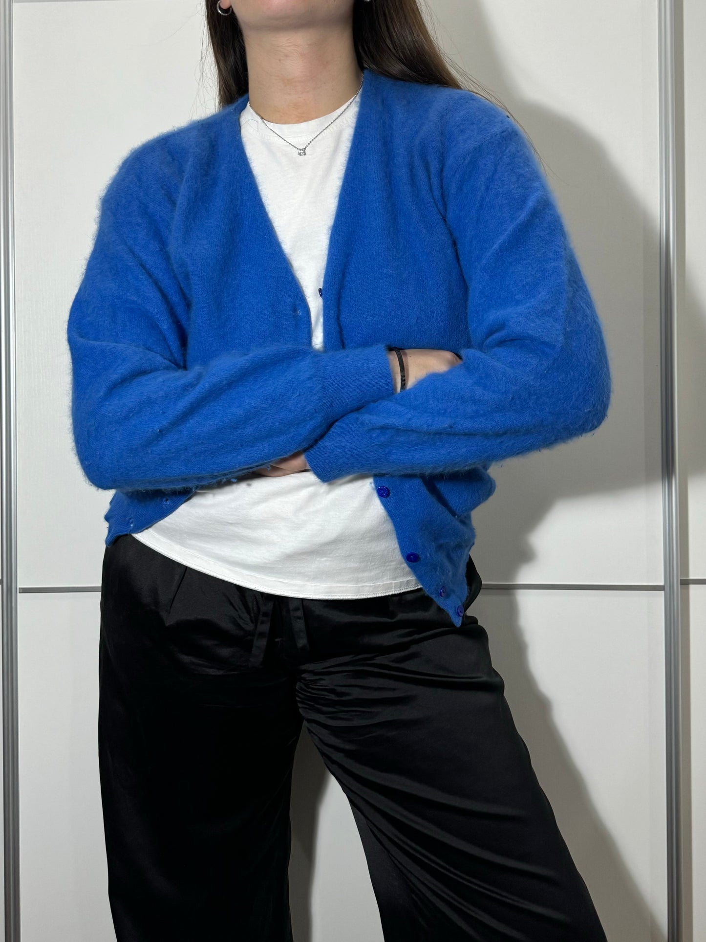 Cardigan blu chino 70% angora 30% lana