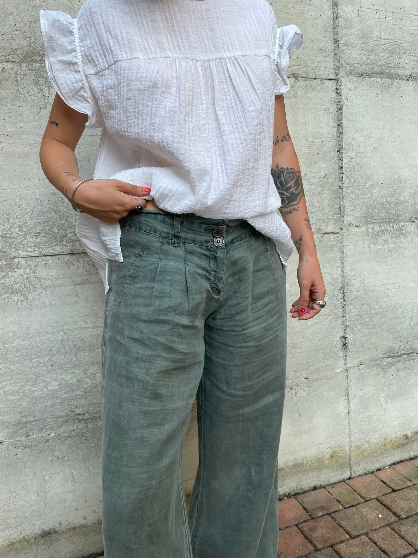 Pantapalazzo verde salvia 100% ramiè, taglia M