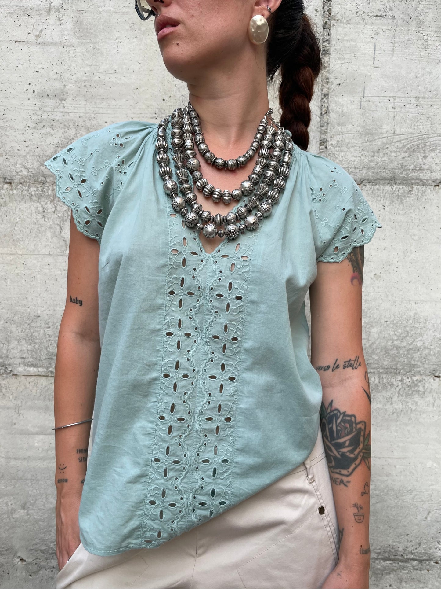 Top sangallo turchese, 100% cotone, taglia S