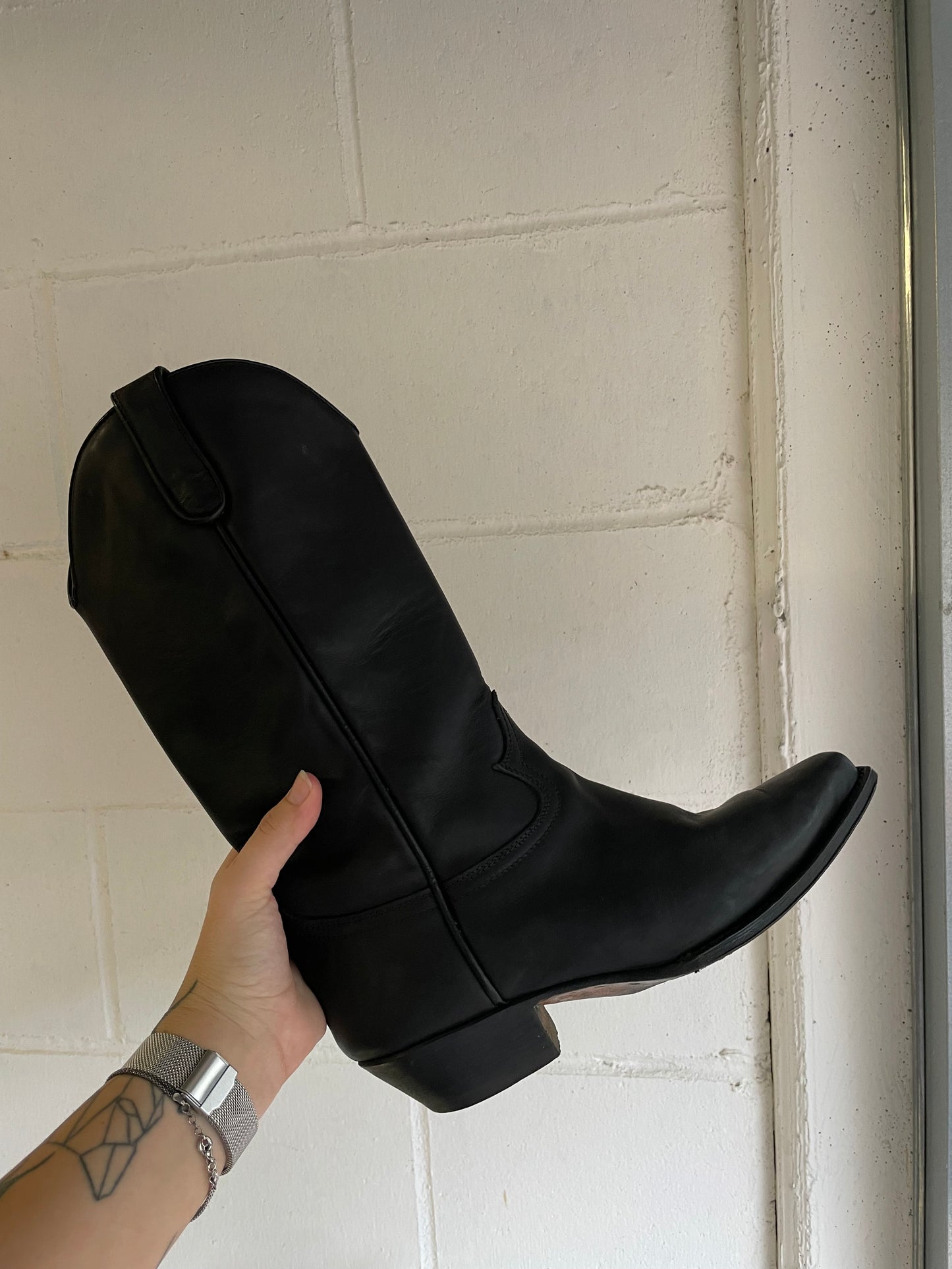 EU 39.5/40 - Texano vintage vera pelle nero liscio, tacco basso