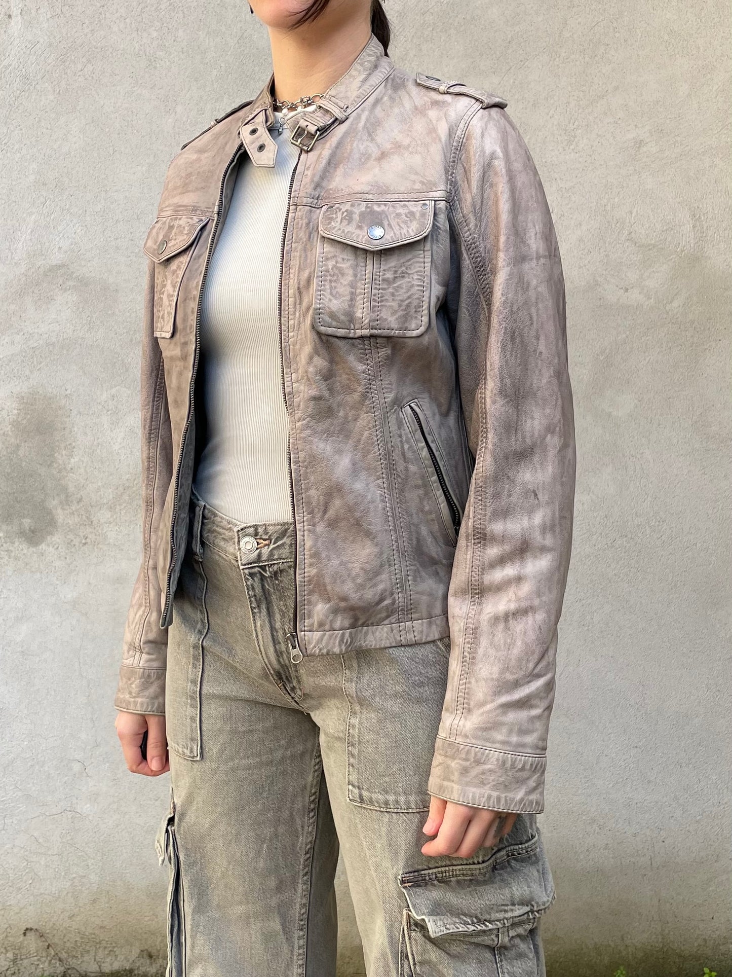 Biker cropped vera pelle ghiaccio