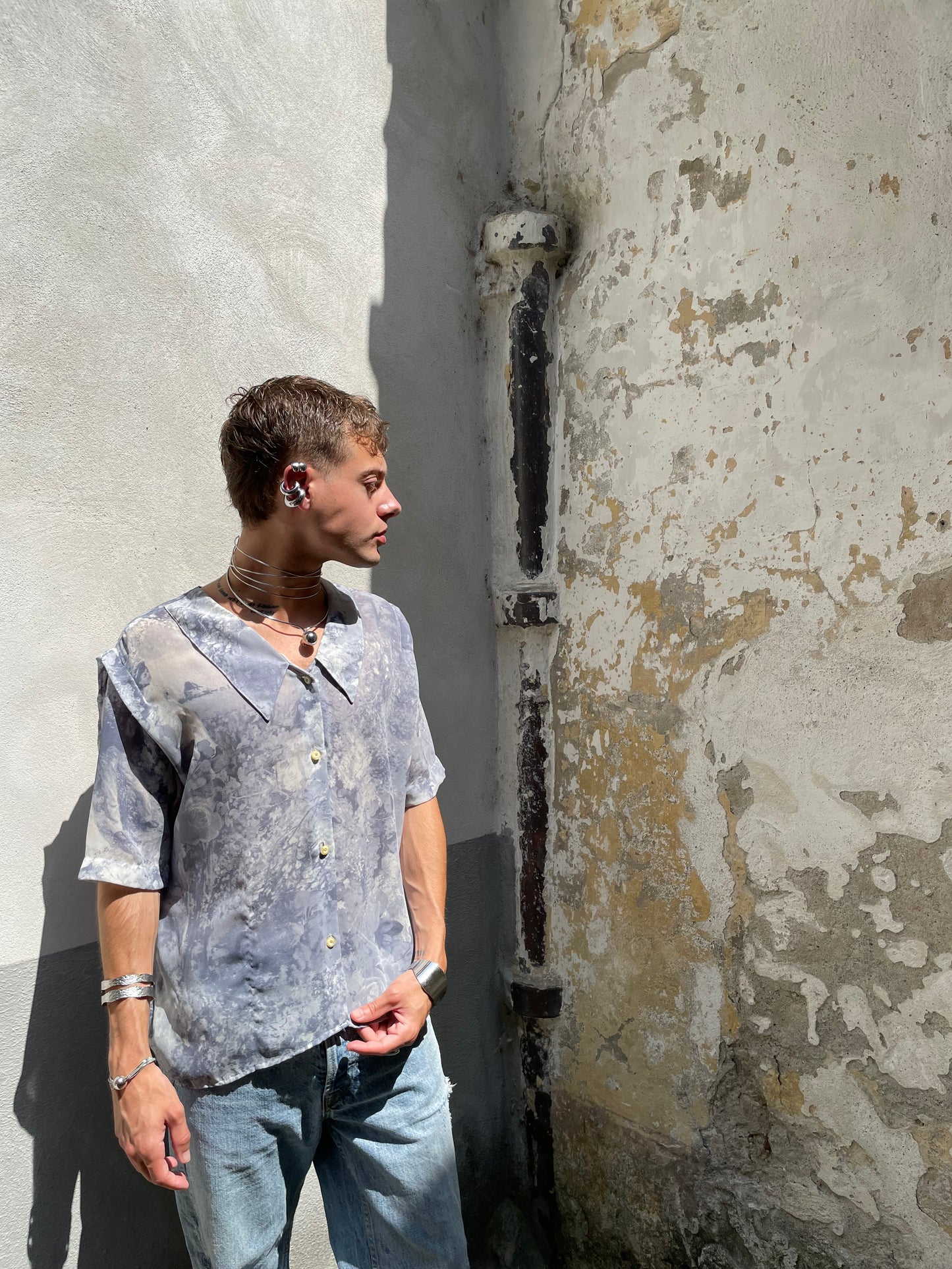 Camicetta in crepe di seta Made in USA, con stampa dipinto, taglia M donna