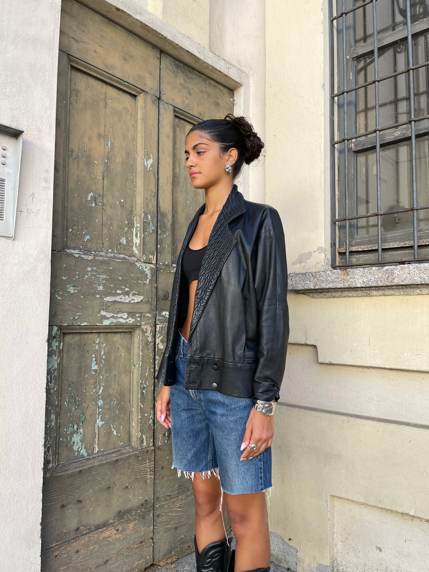 Giacca in nappa nera lavorata, vera pelle, taglia M donna