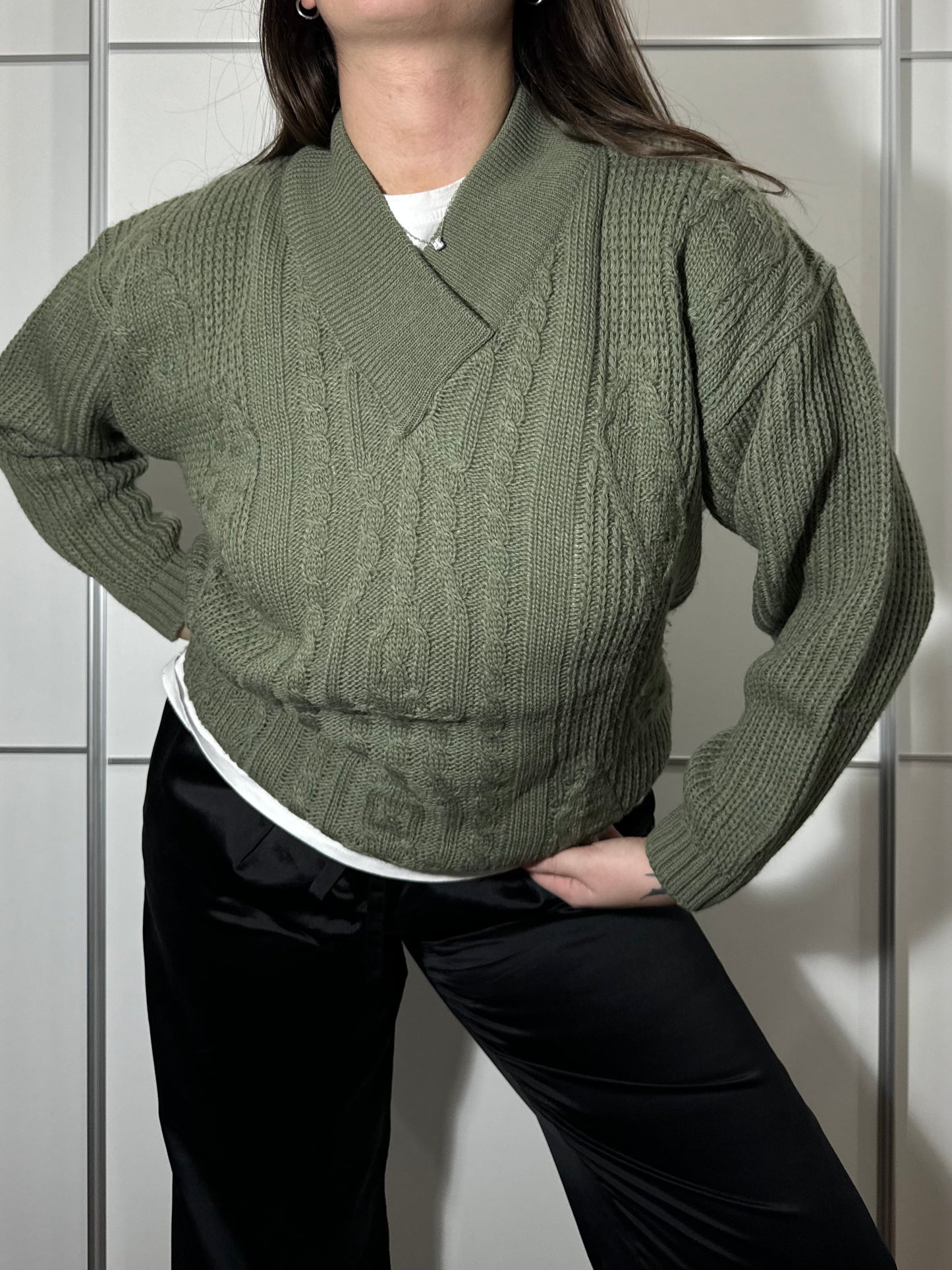 Pullover tricot in misto lana verde cachi