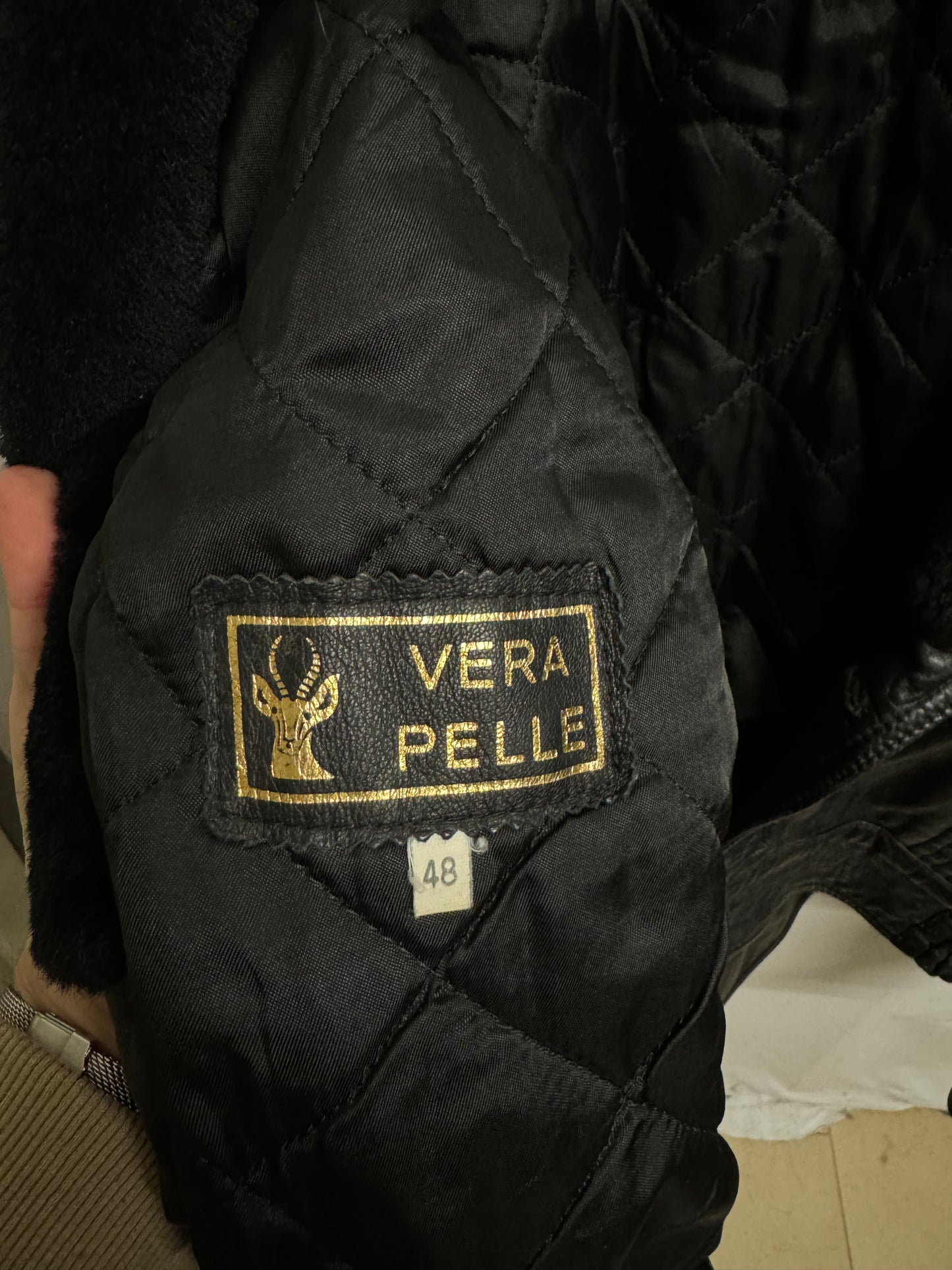 Bomber in vera pelle trapuntato con rever in montone, taglia 48it uomo