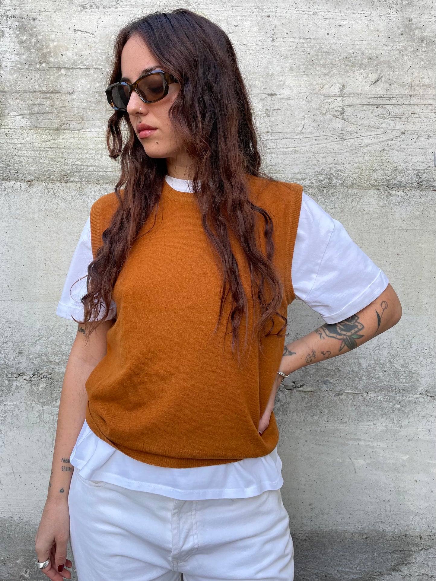 Gilet girocollo ruggine Benetton in misto lana e angora