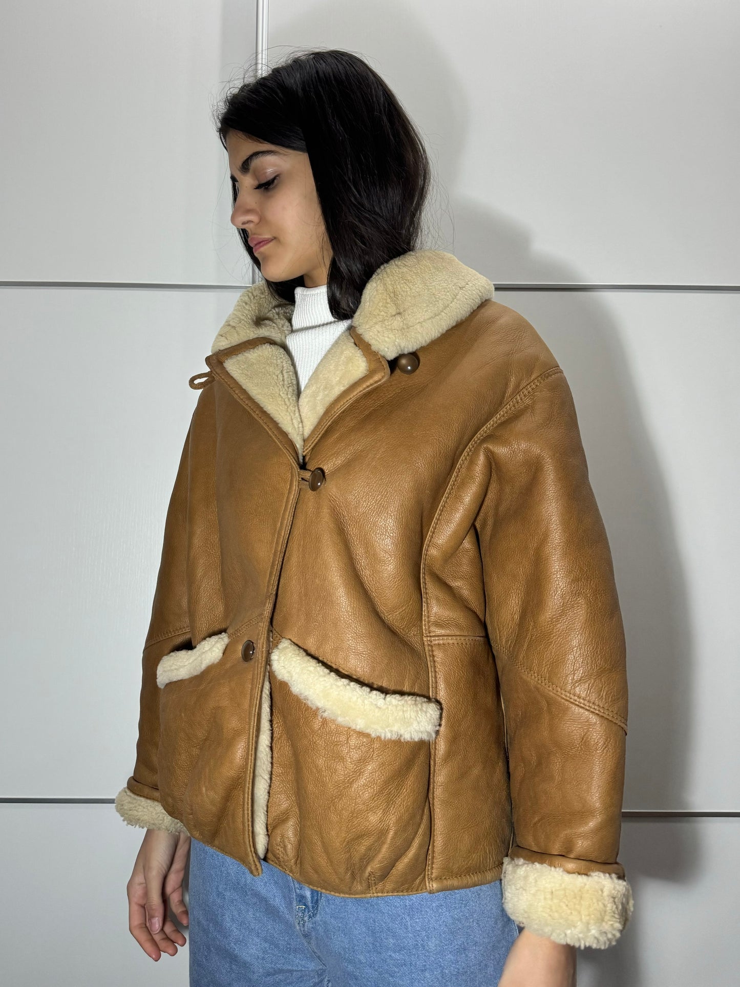 Montone aviator originale Shearling in pelle caramello, rara taglia piccola da donna
