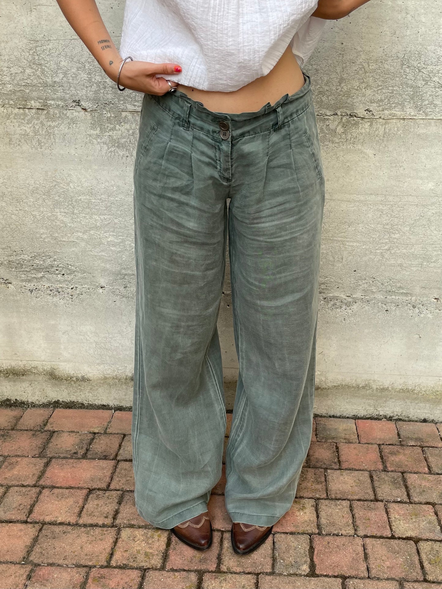 Pantapalazzo verde salvia 100% ramiè, taglia M