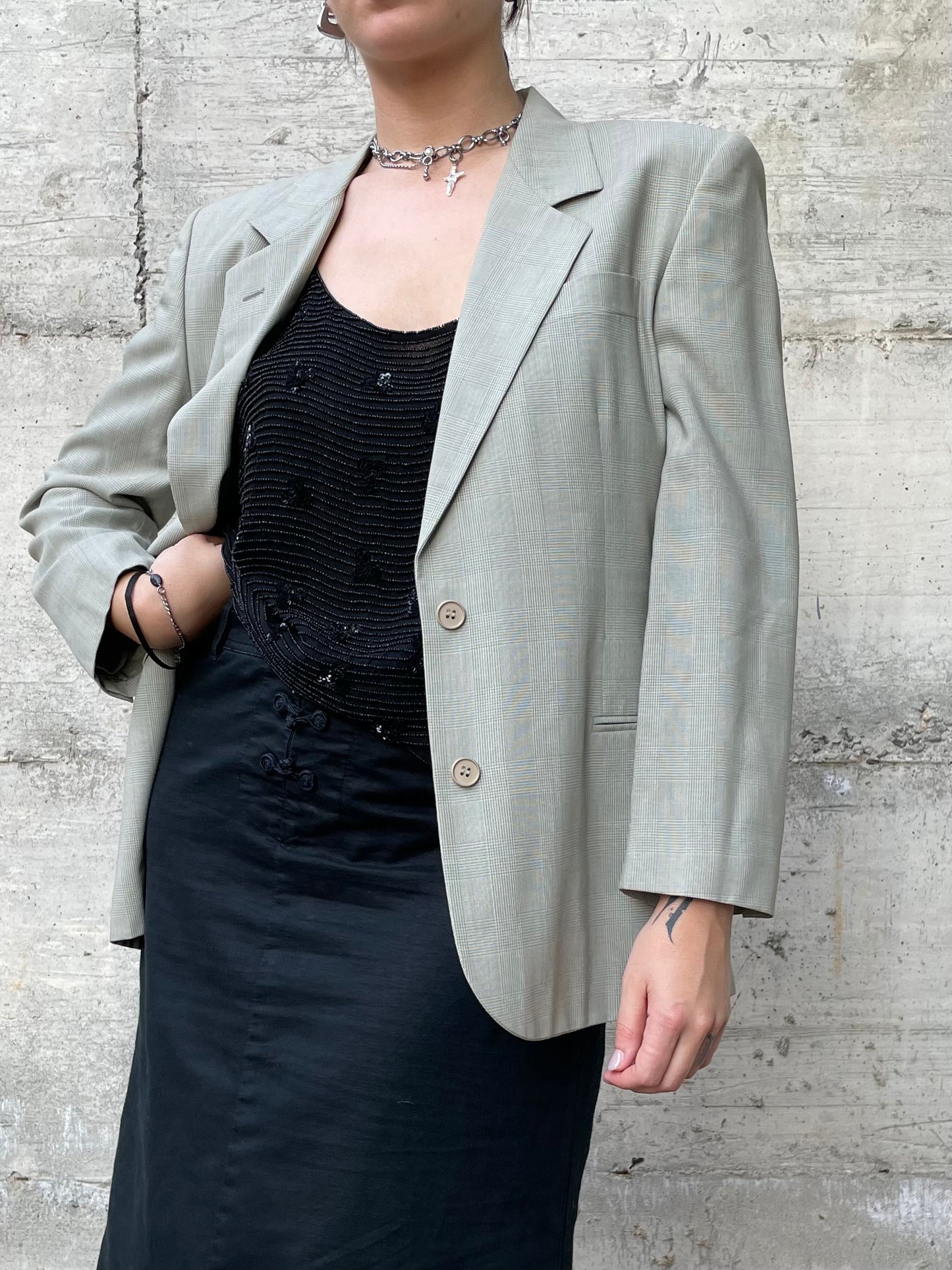 Blazer sartoriale misto viscosa/lana vergine/mohair madras color verde muschio