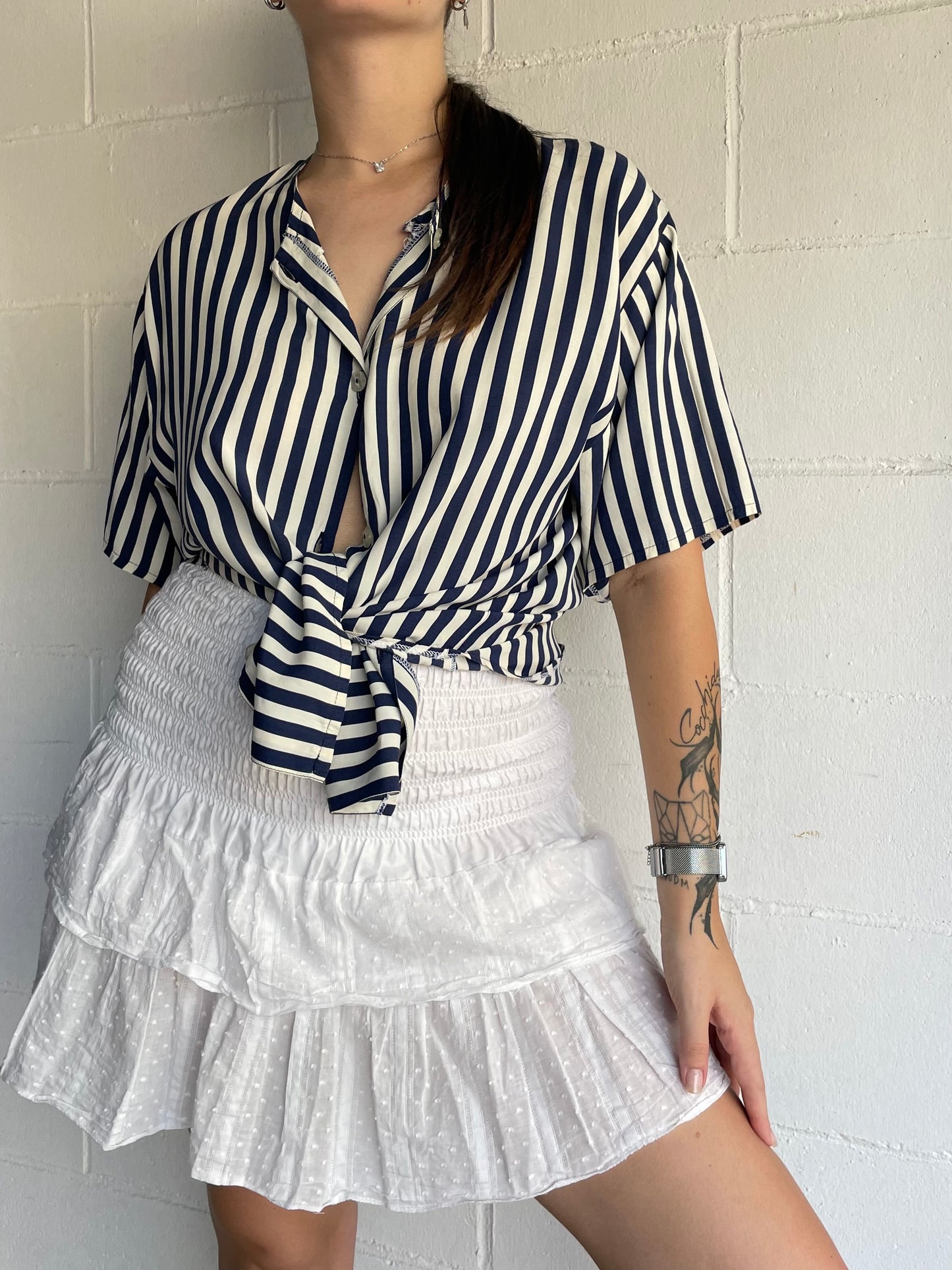 Camicetta sartoriale a righe bianca e blu, 100% viscosa, taglia L