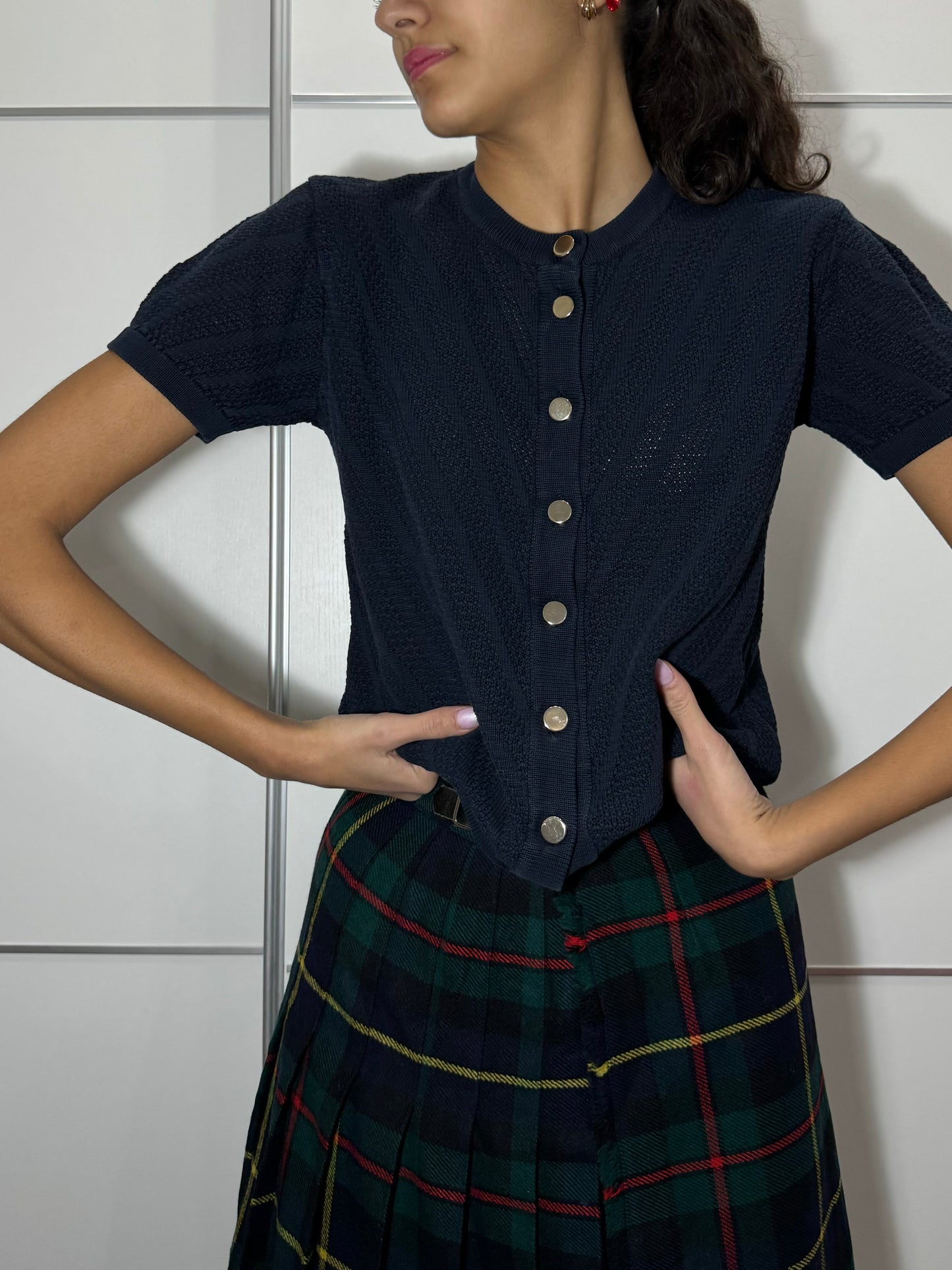 Maglioncino a manica corta girocollo Burghi blu notte, 100% cotone