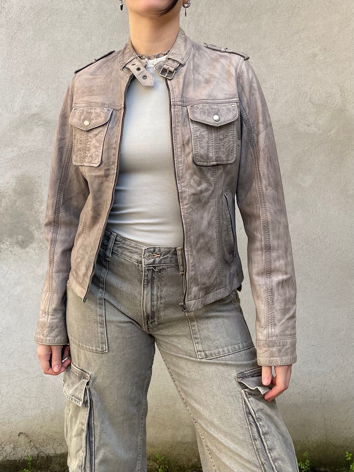 Biker cropped vera pelle ghiaccio