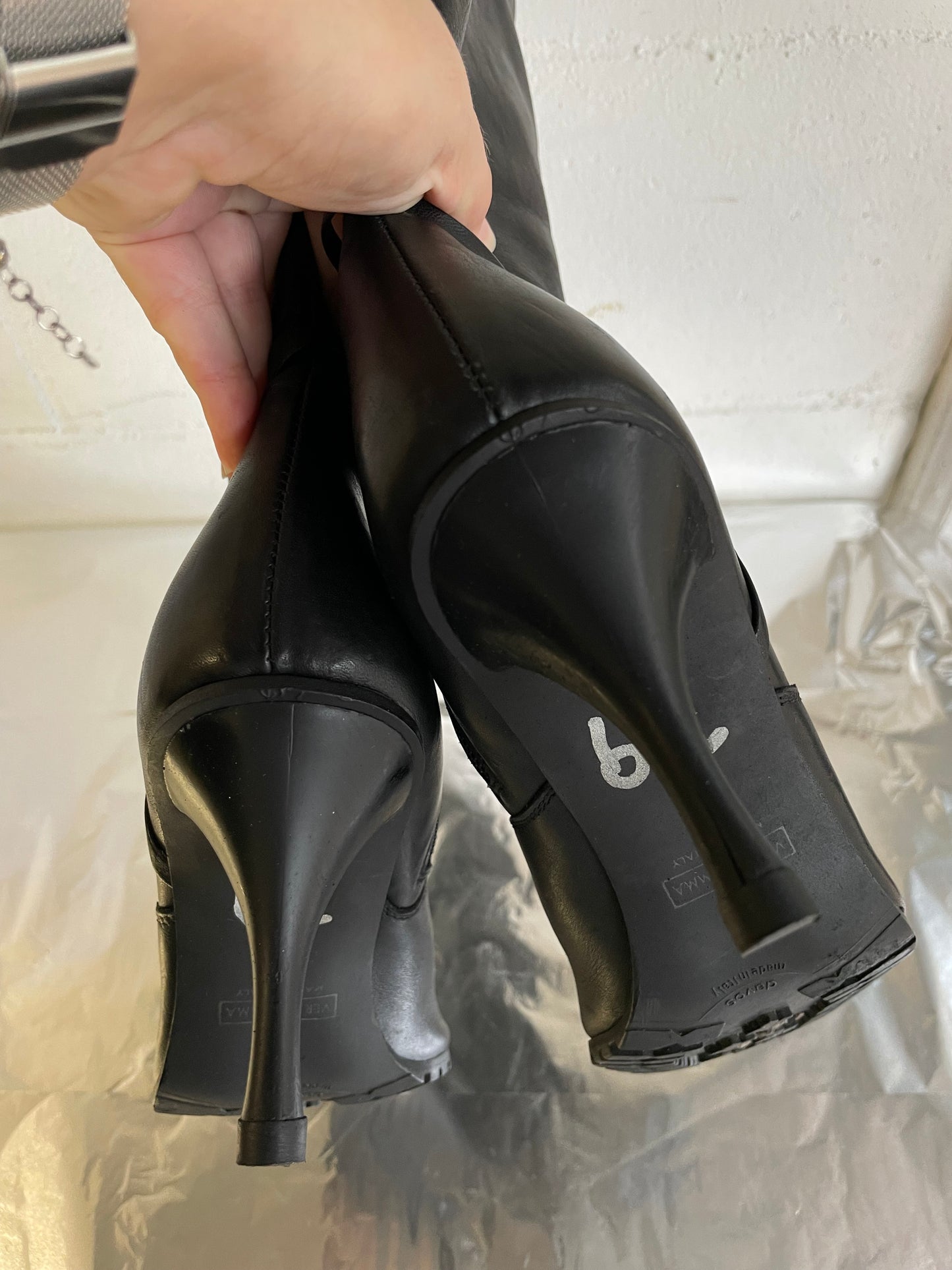 EU 39 - Stivale vintage vera pelle nero a punta, tacco 8cm