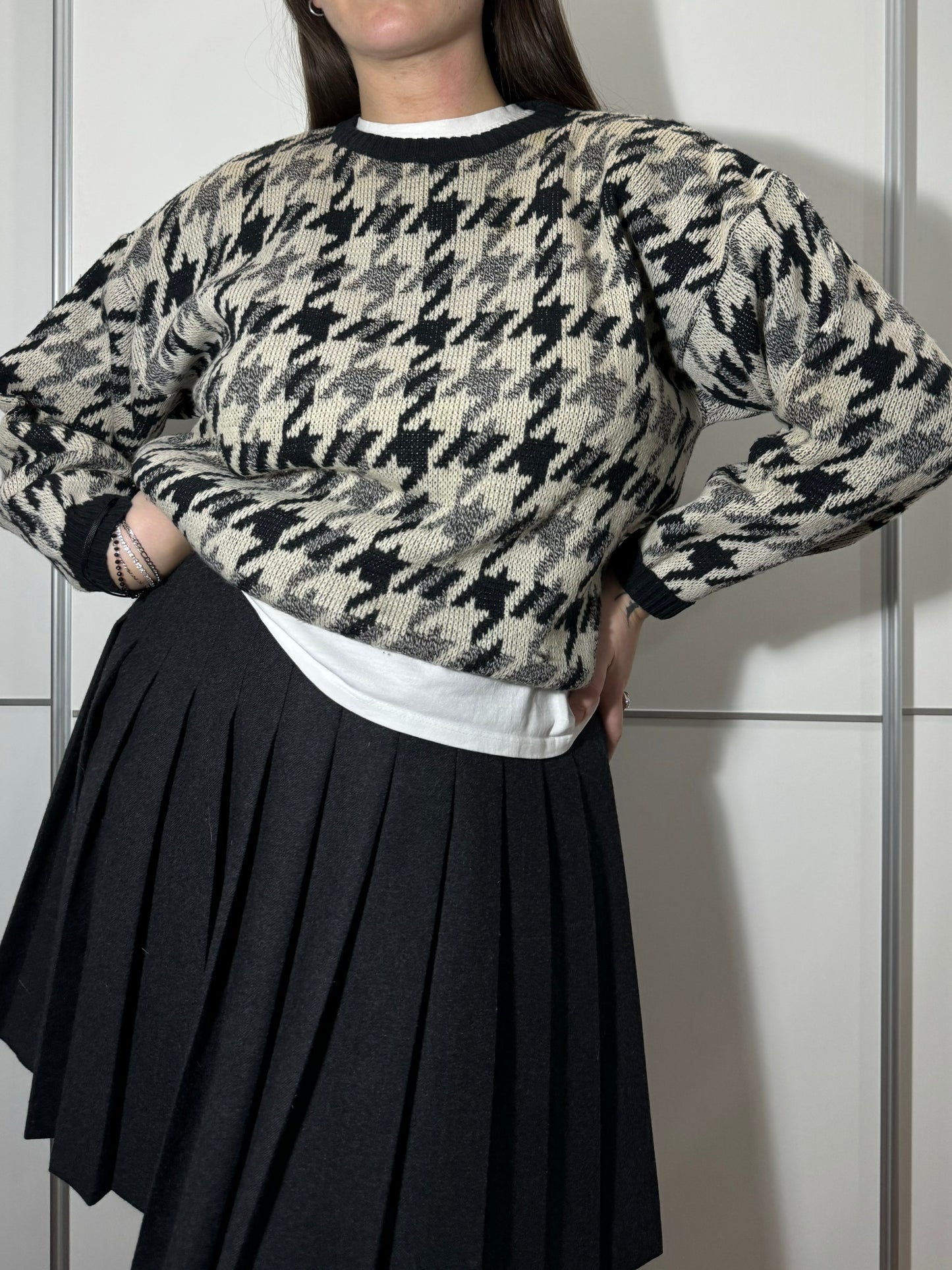 Pullover girocollo pied de poule in misto lana