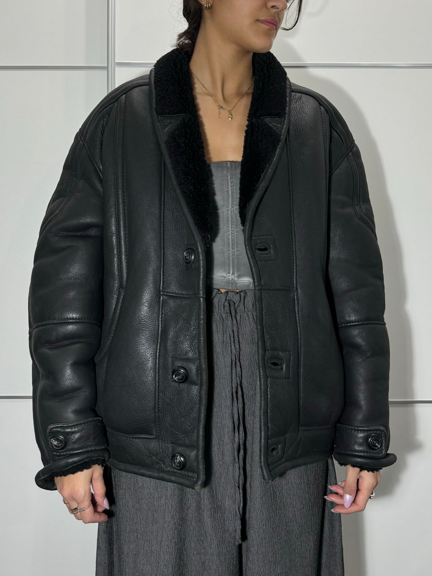 Bomber in montone Shearling nero, taglia 48it uomo
