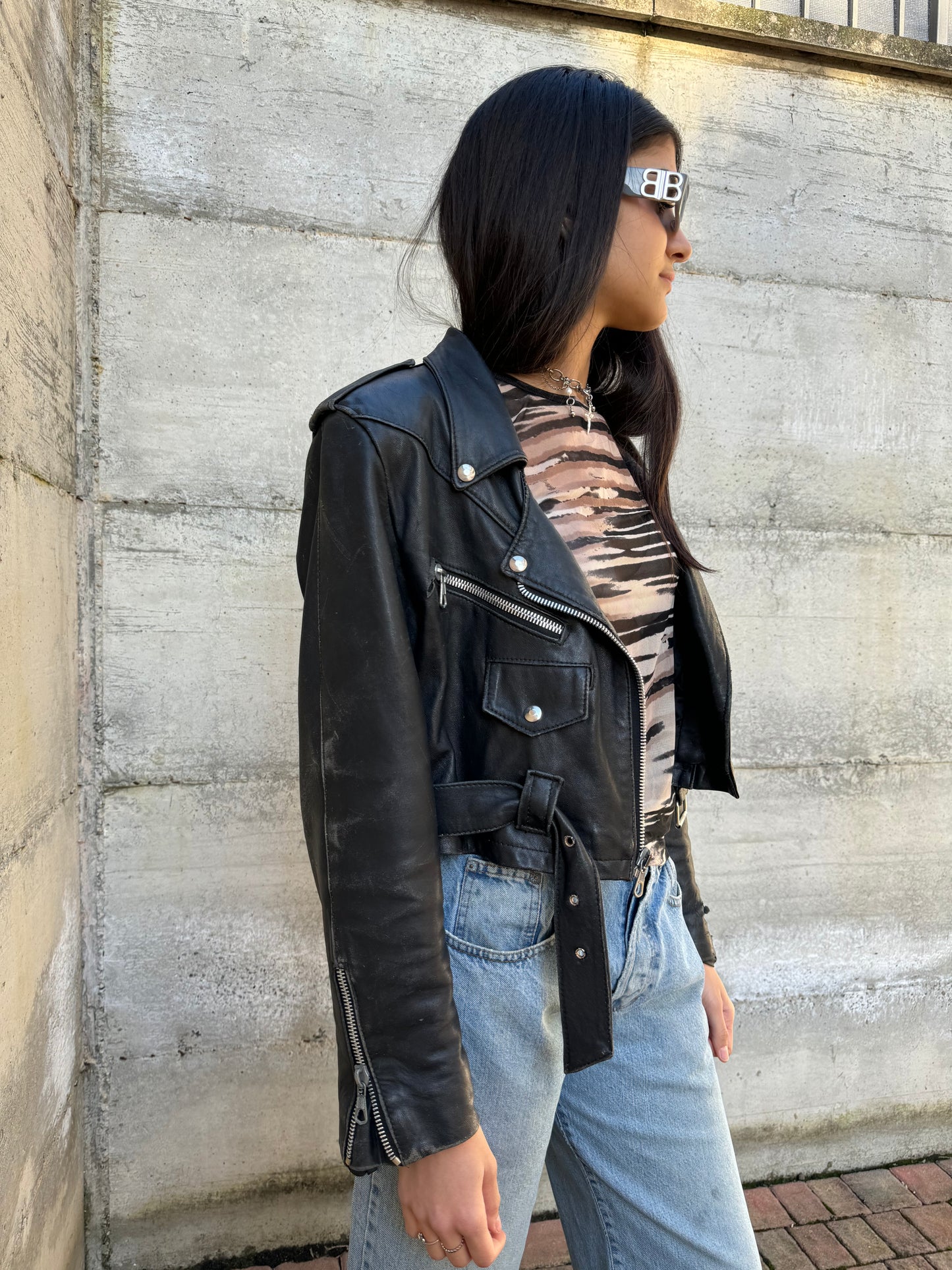 Chiodo crop in vera pelle nappata effetto used