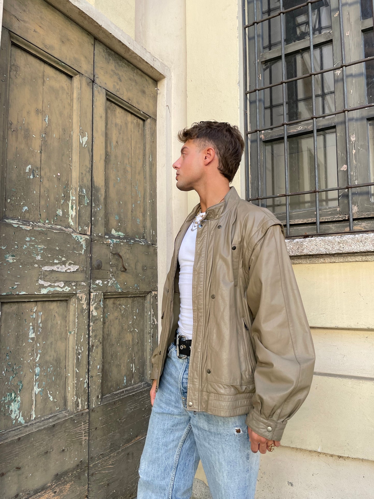 Bomber smanicabile vera pelle beige - M uomo