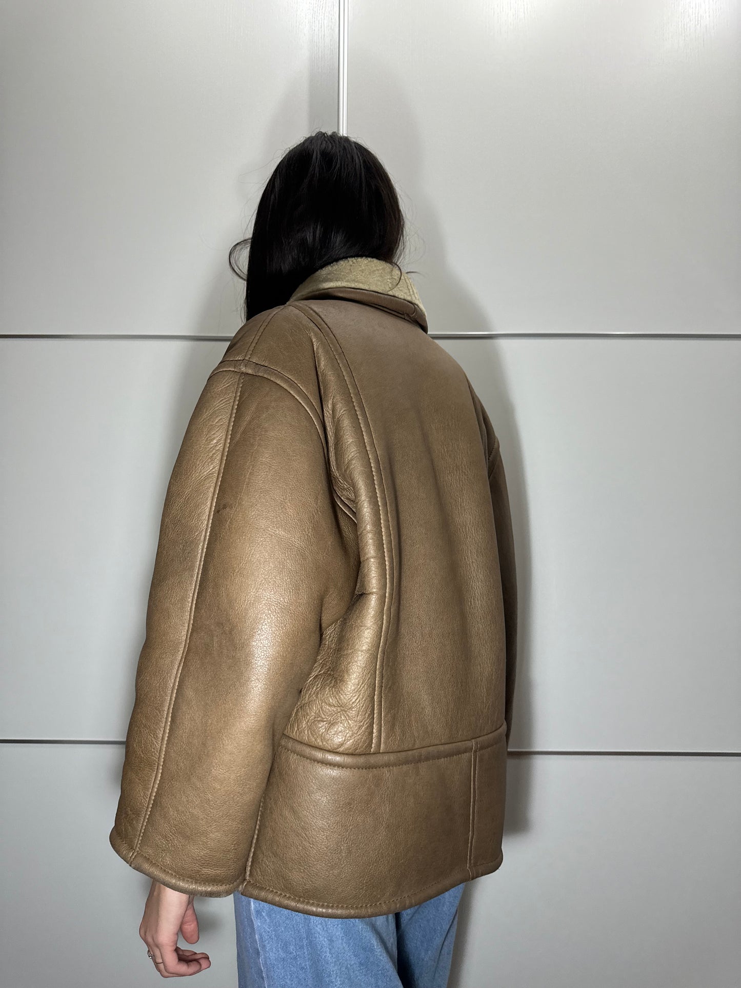 Montone originale Shearling in pelle nocciola, rara taglia piccola da donna