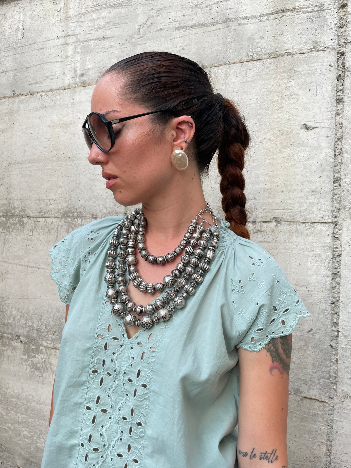 Top sangallo turchese, 100% cotone, taglia S