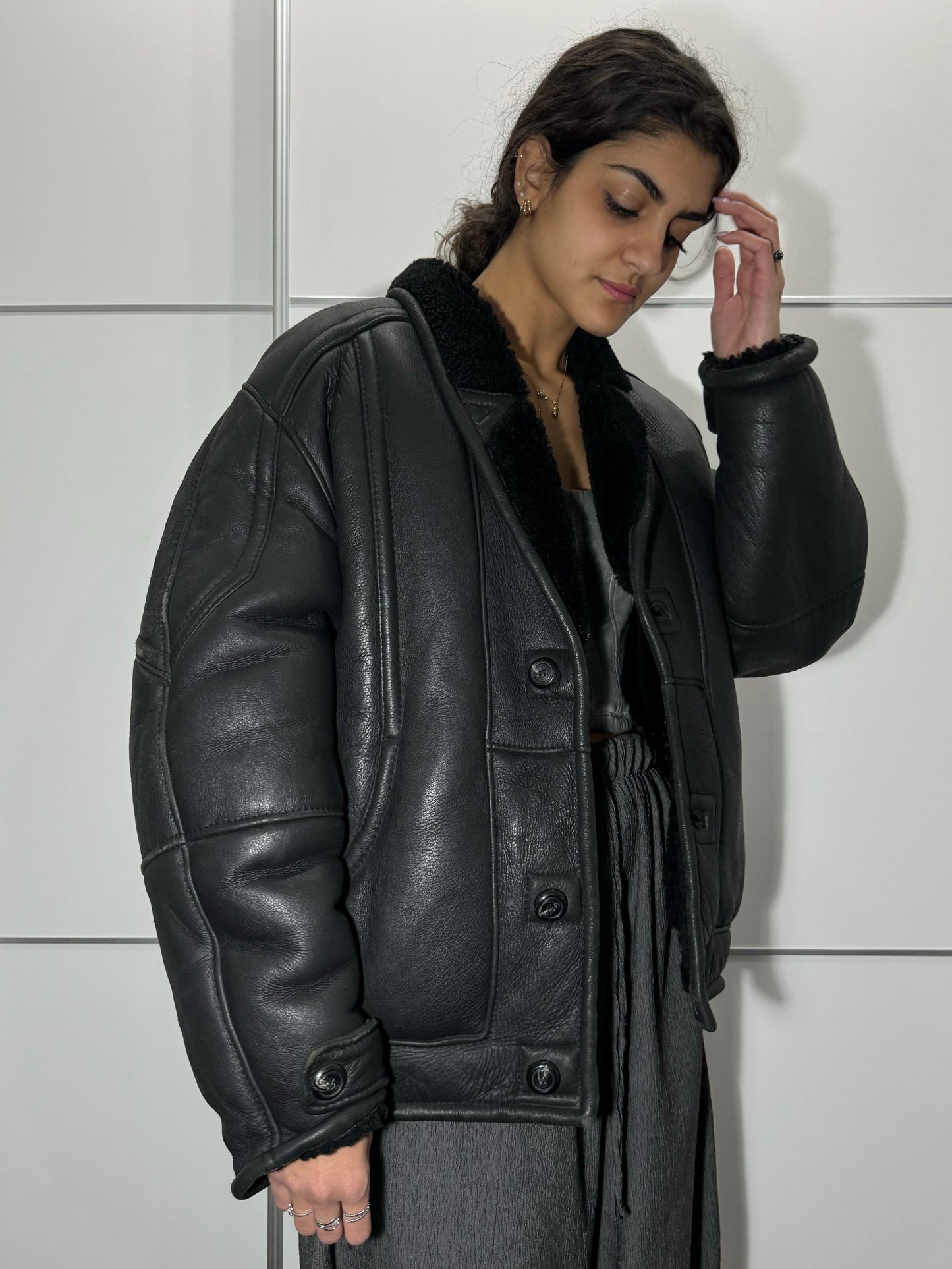 Bomber in montone Shearling nero, taglia 48it uomo