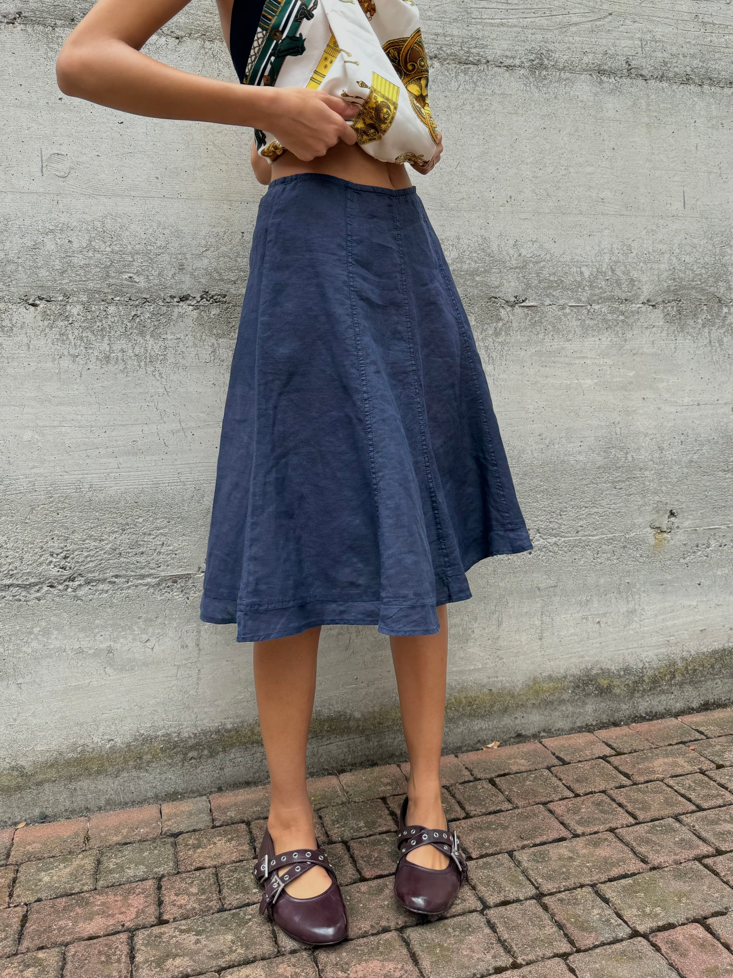 Gonna sartoriale midi a ruota 100% lino, taglia M