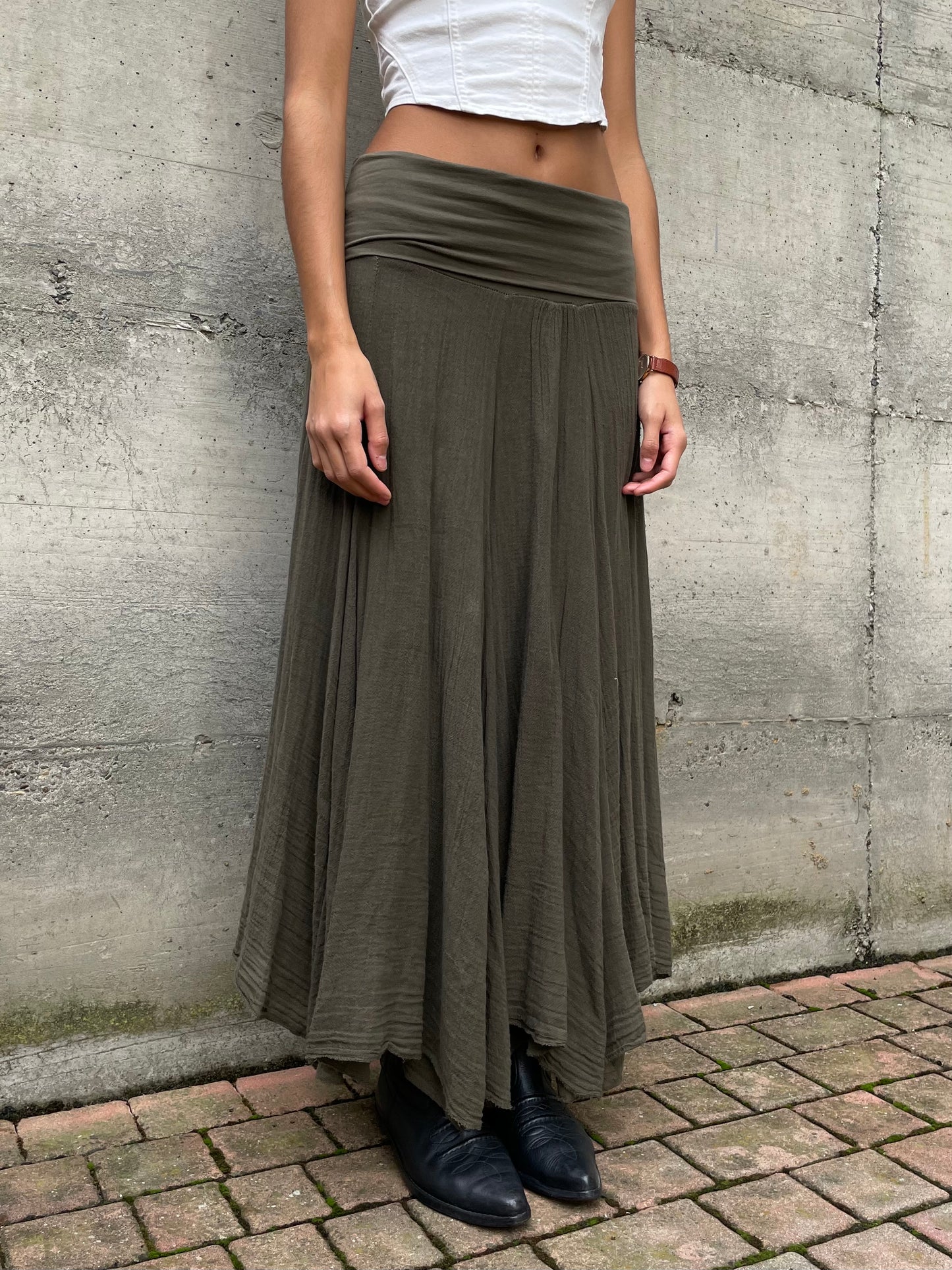 Gonna lunga sartoriale in crepe di cotone, verde oliva - taglia unica