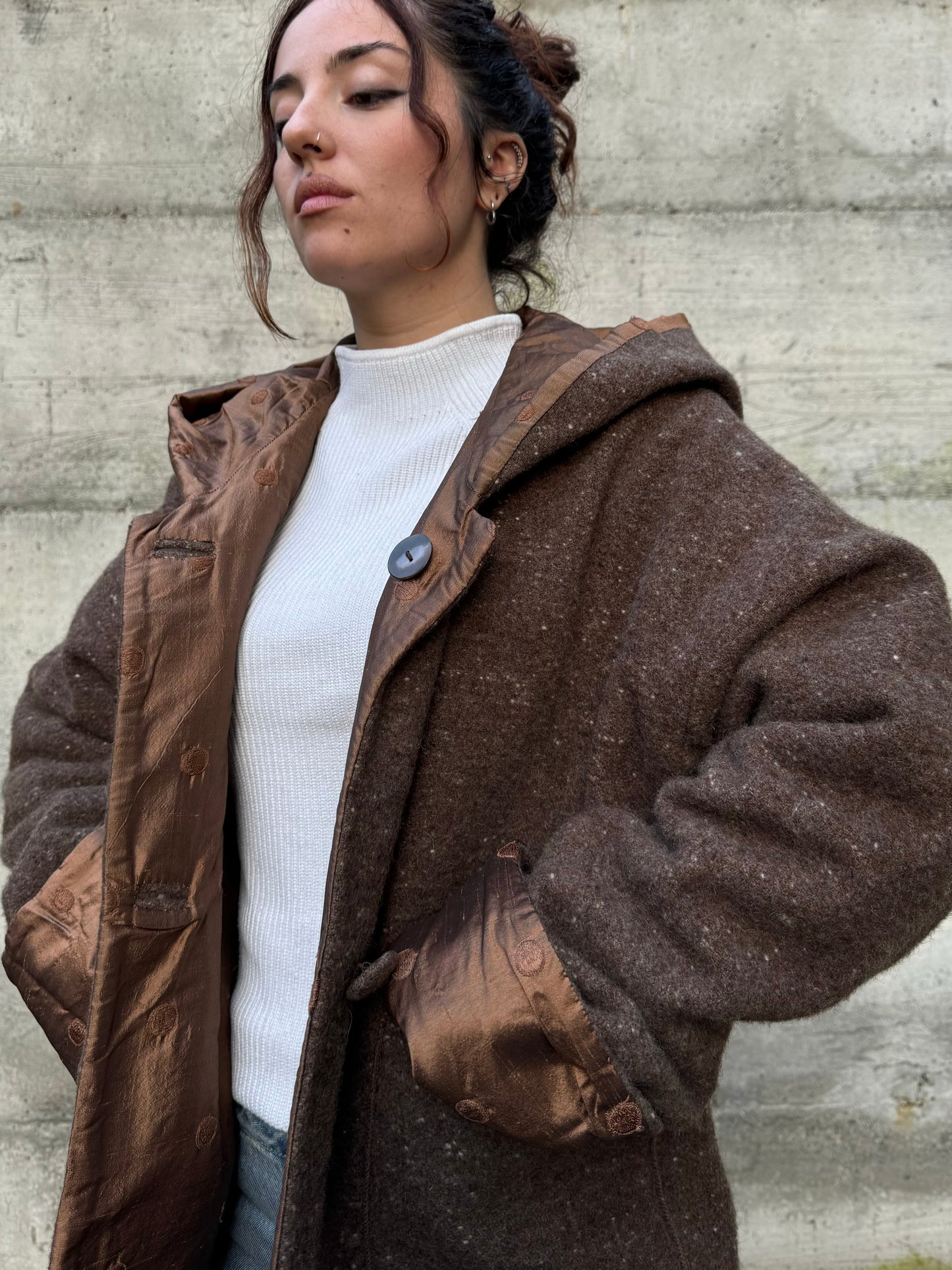 Piumino doubleface con cappuccio, shantung di seta e misto lana/mohair