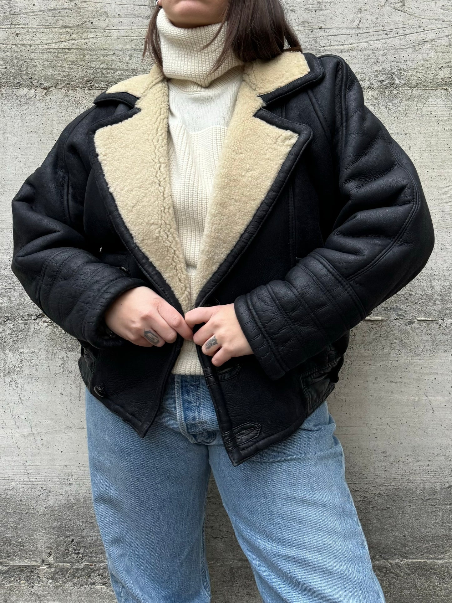 Bomber aviator Shearling nero, in rara taglia 46it uomo (XS)