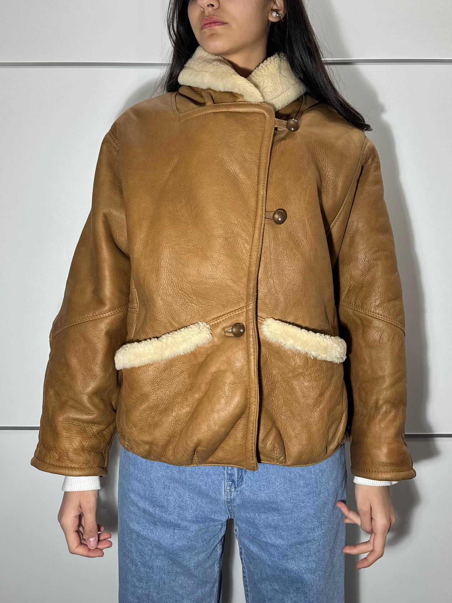 Montone aviator originale Shearling in pelle caramello, rara taglia piccola da donna