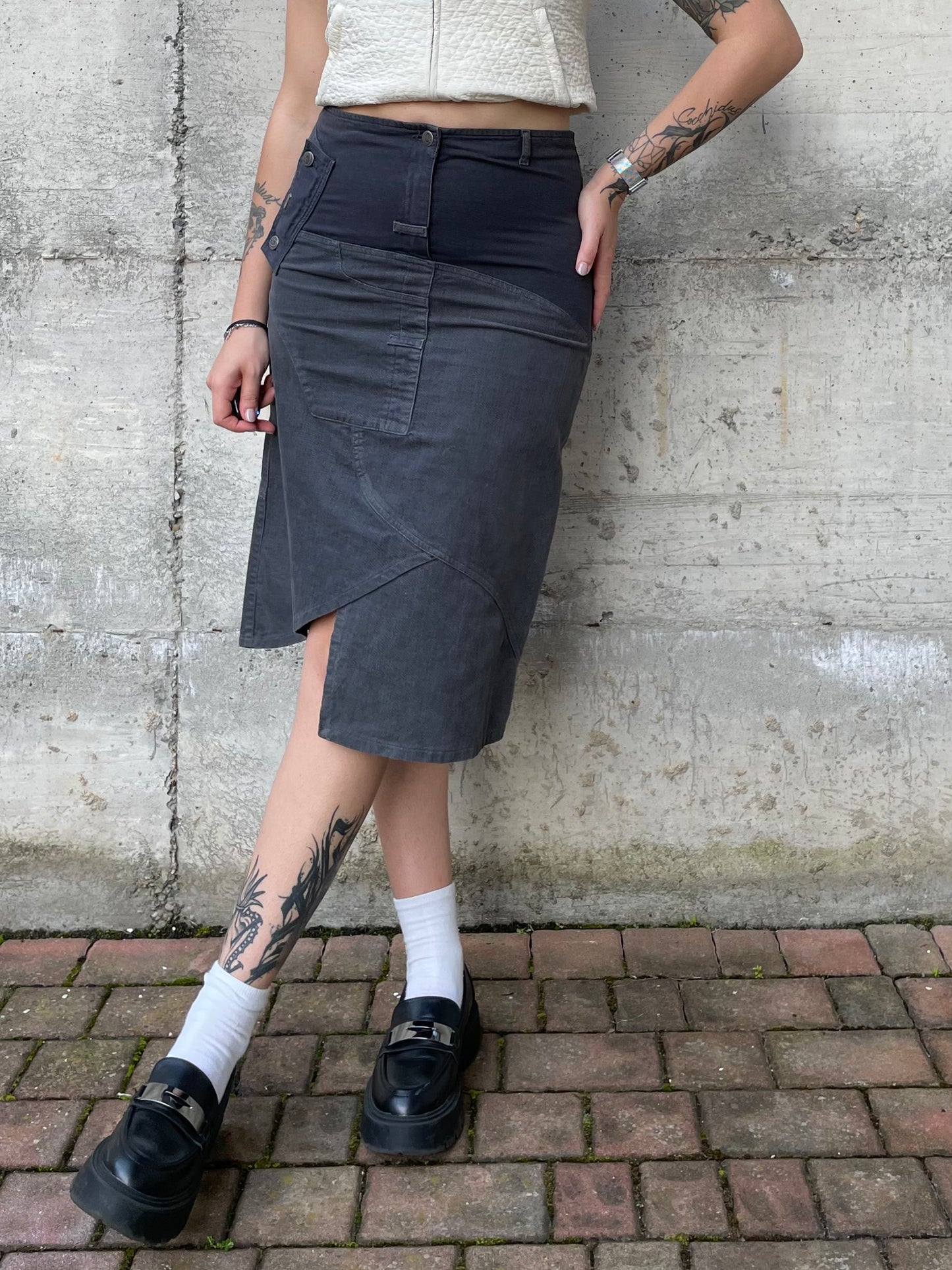 Gonna cargo midi denim 100% cotone - grigio/blu - S