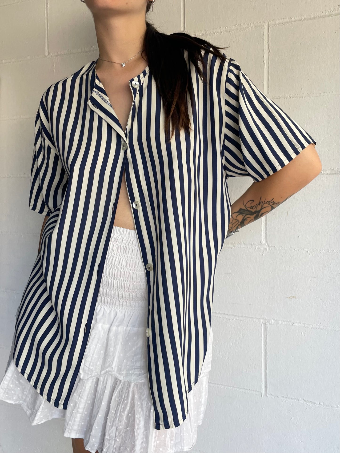 Camicetta sartoriale a righe bianca e blu, 100% viscosa, taglia L