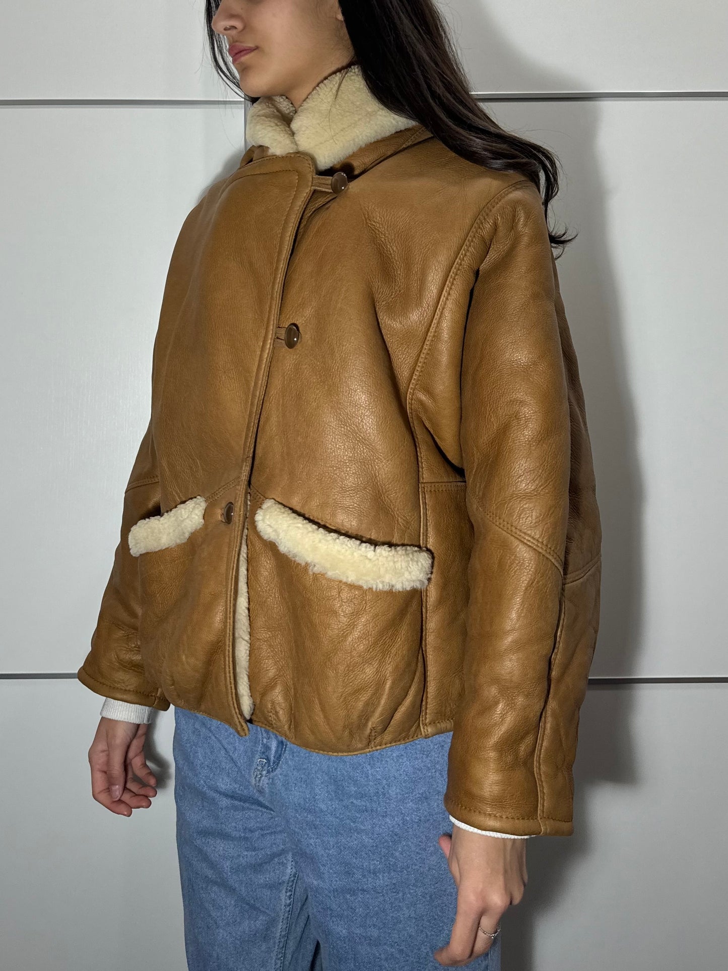 Montone aviator originale Shearling in pelle caramello, rara taglia piccola da donna