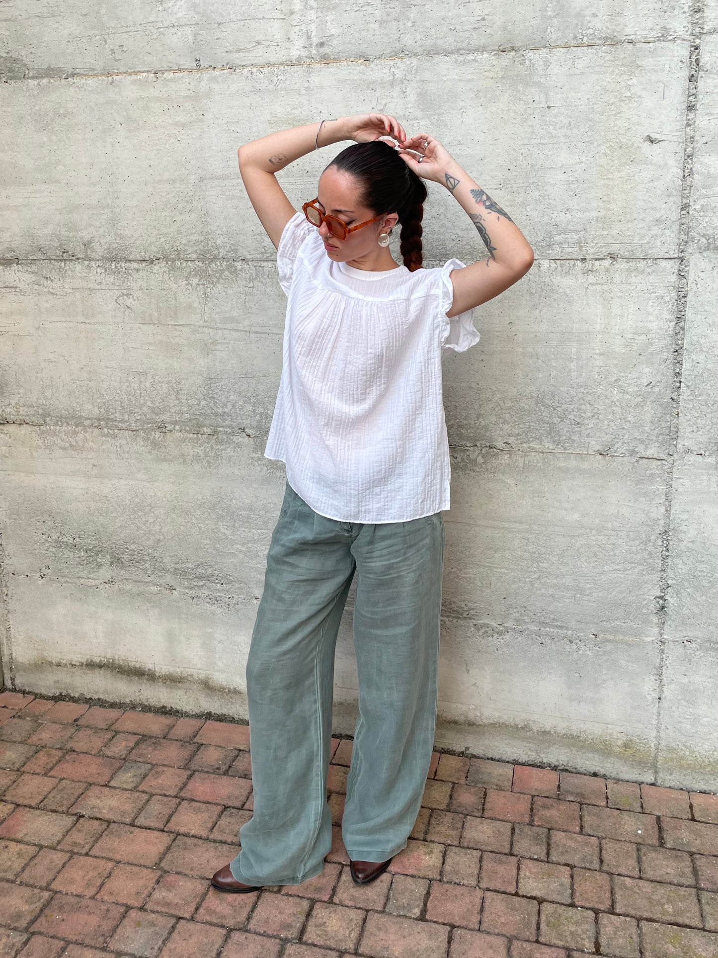 Pantapalazzo verde salvia 100% ramiè, taglia M