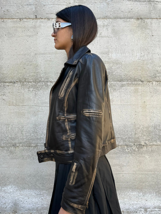 Biker slim in vera pelle nappata effetto used